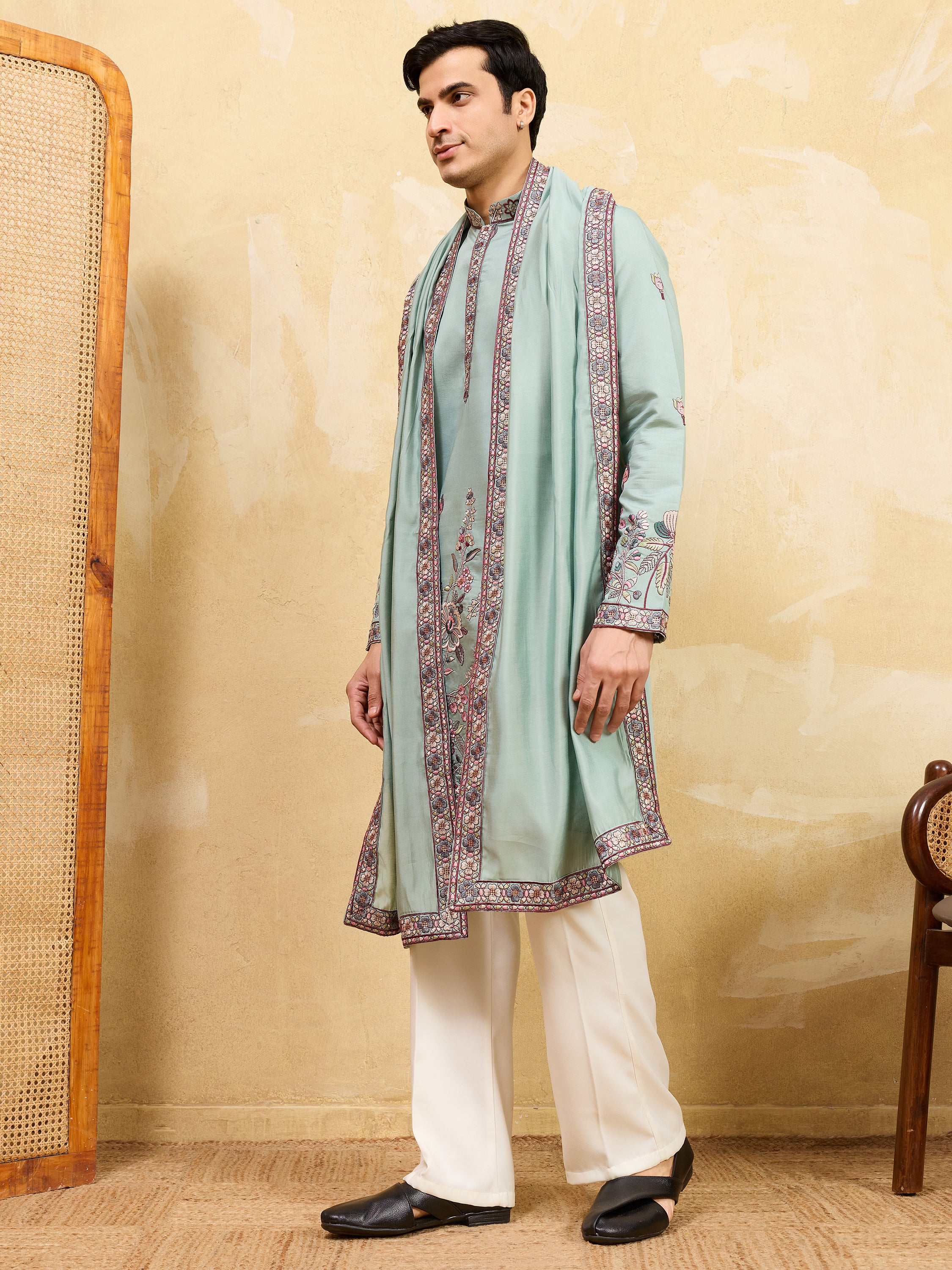 Precious Pista Green Thread Embroidered Silk Men's Kurta With Dupatta