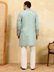 Precious Pista Green Thread Embroidered Silk Men's Kurta With Dupatta