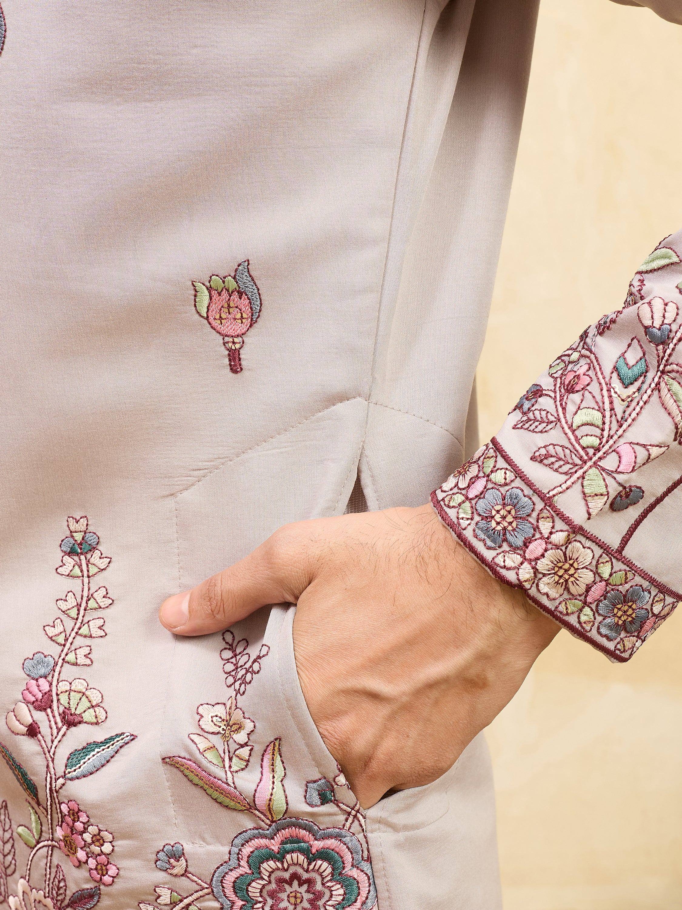 Bewitching Ivory Thread Embroidered Viscose Silk Traditional Men's Kurta