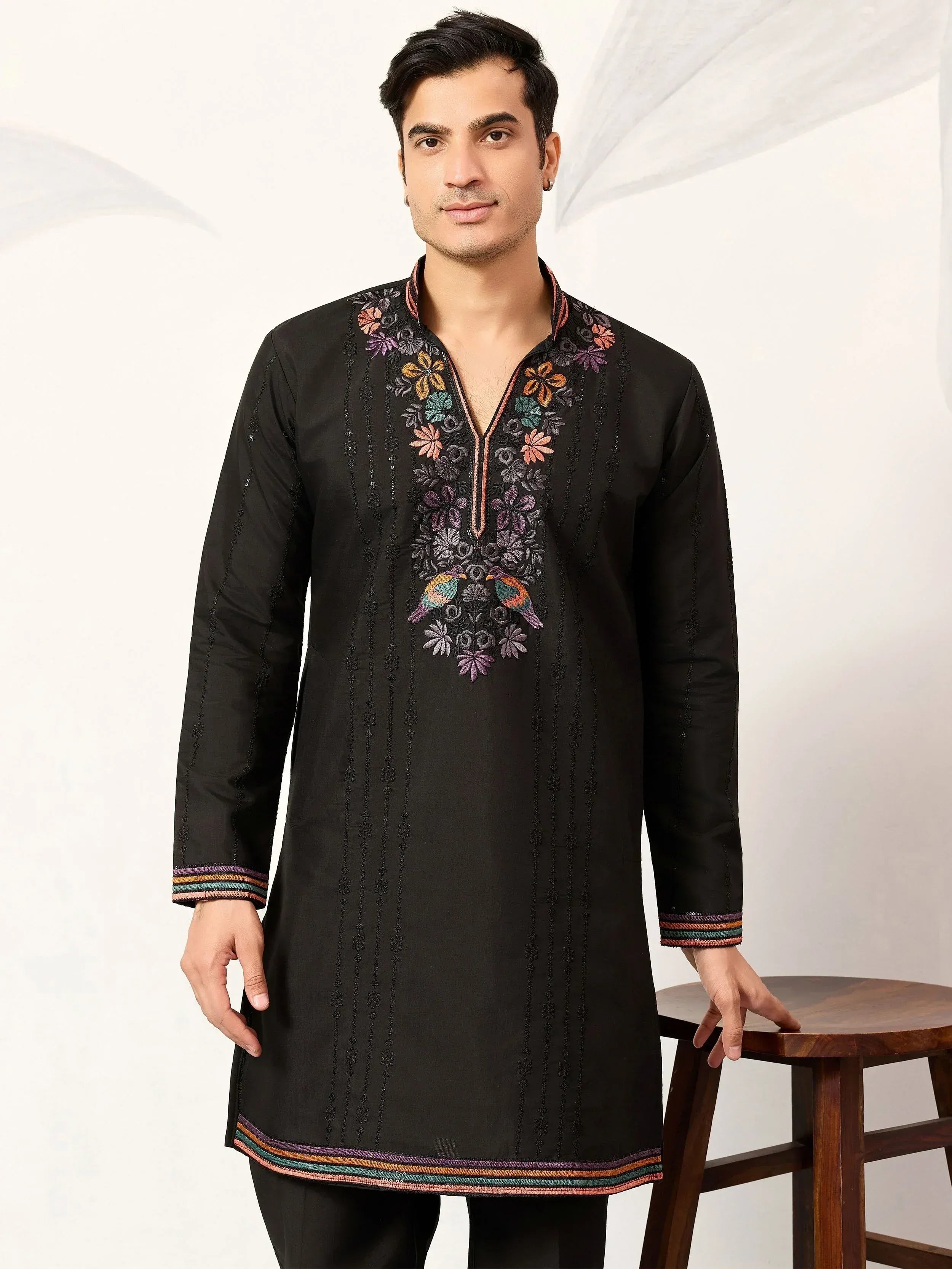 Outstanding Black Embroidered Silk Festival Wear Men’s Kurta