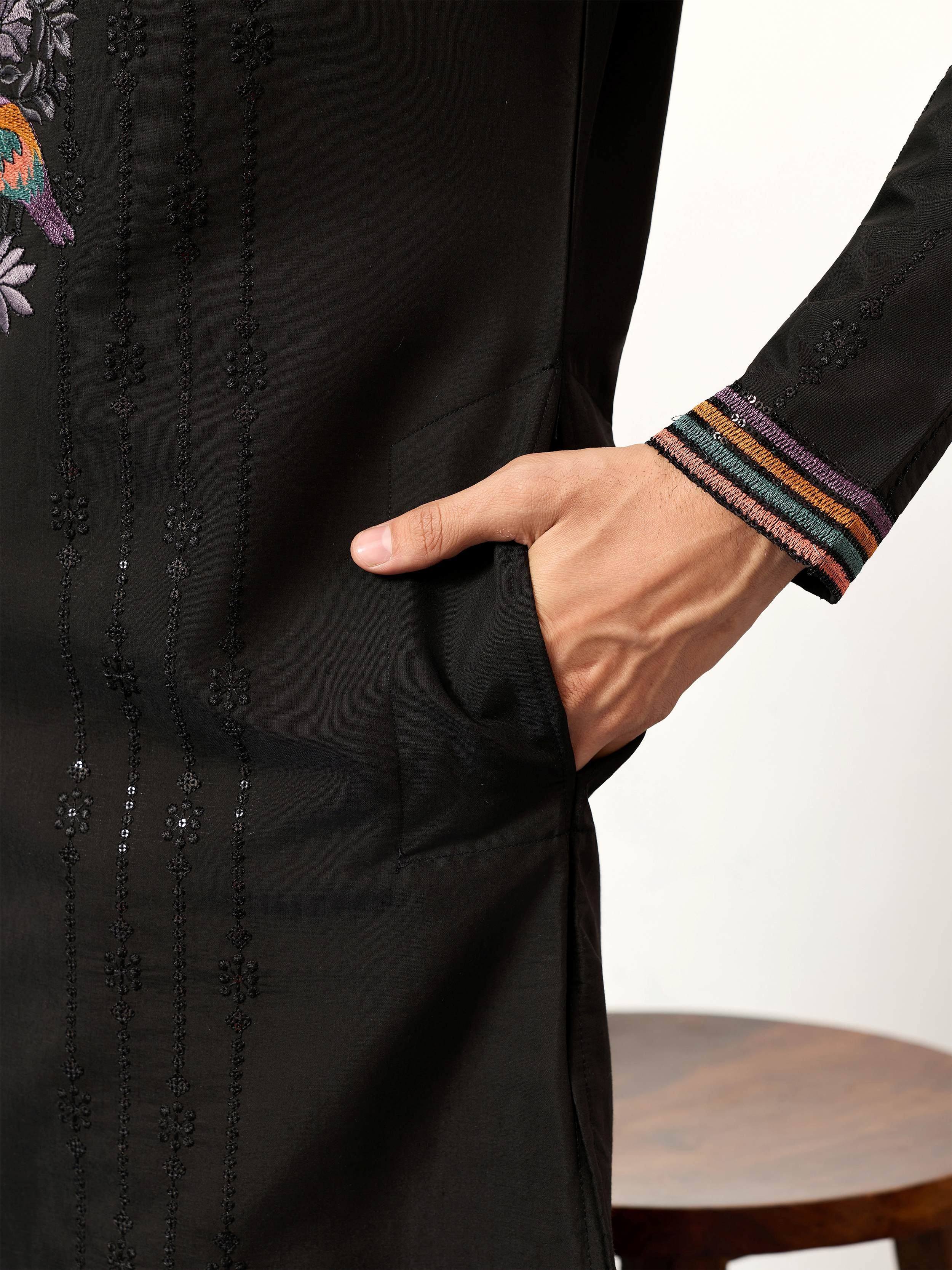 Outstanding Black Embroidered Silk Festival Wear Men’s Kurta