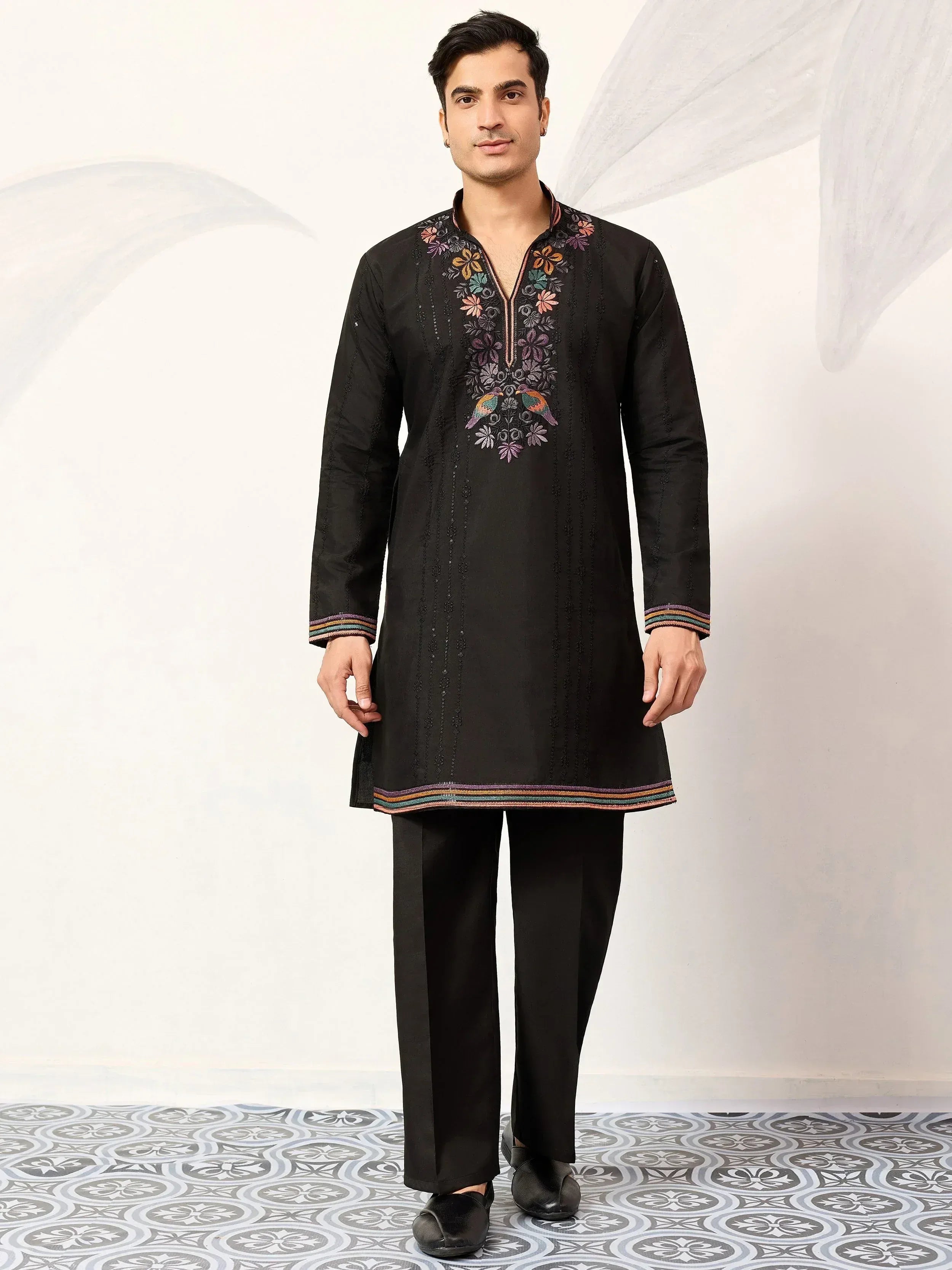 Outstanding Black Embroidered Silk Festival Wear Men’s Kurta