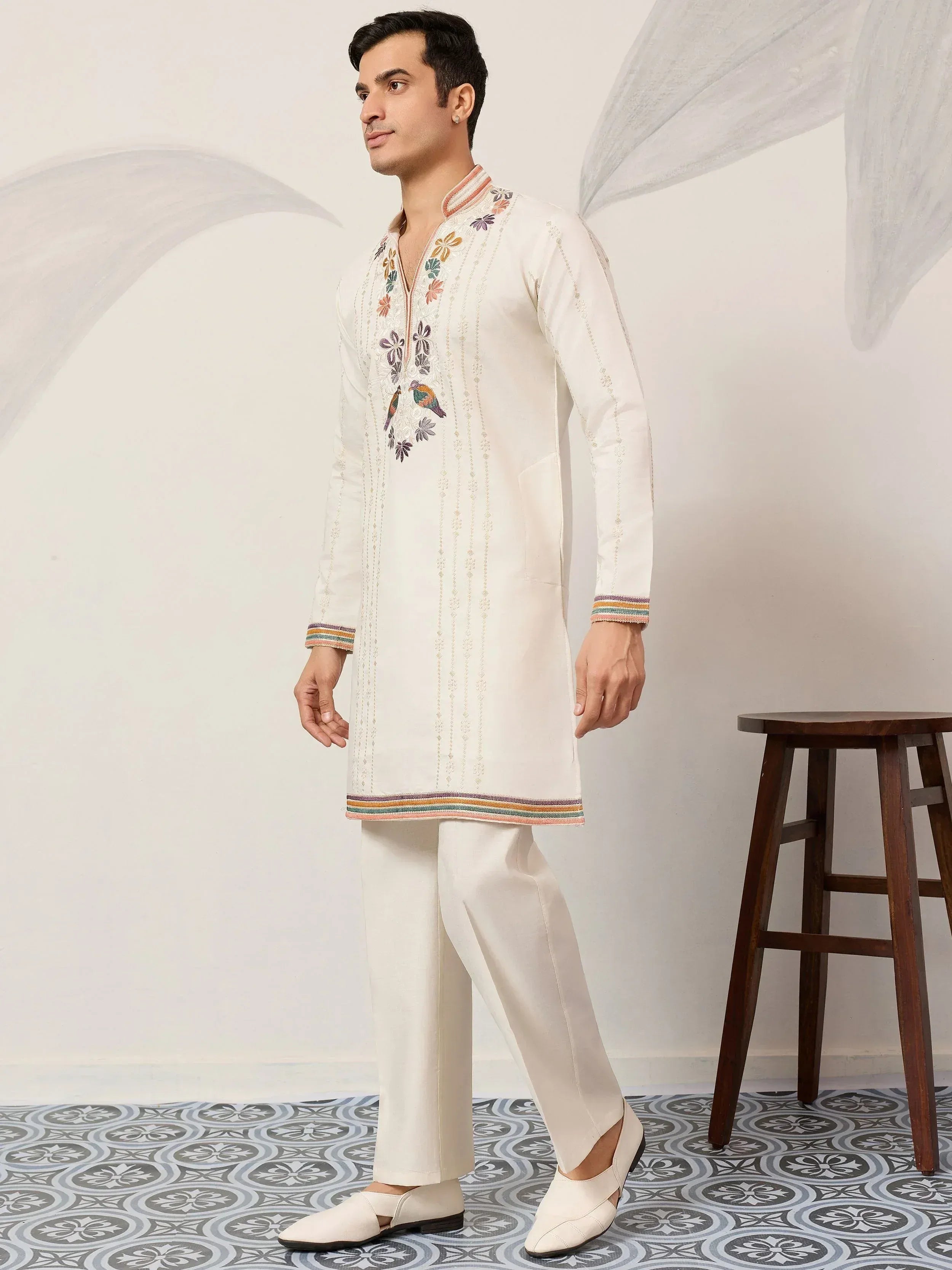 Enchanting Off-White Embroidered Silk Function Wear Men’s Kurta