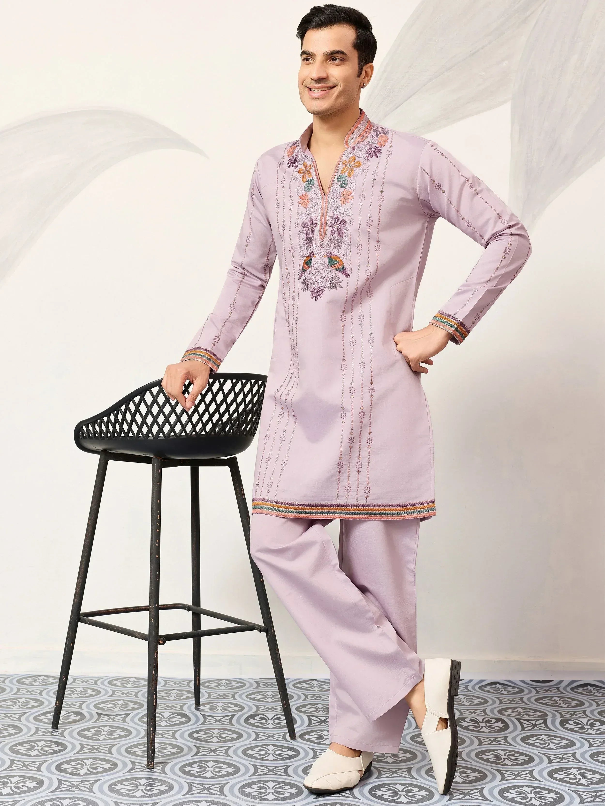 Amazing Lavender Embroidered Silk Function Wear Men’s Kurta