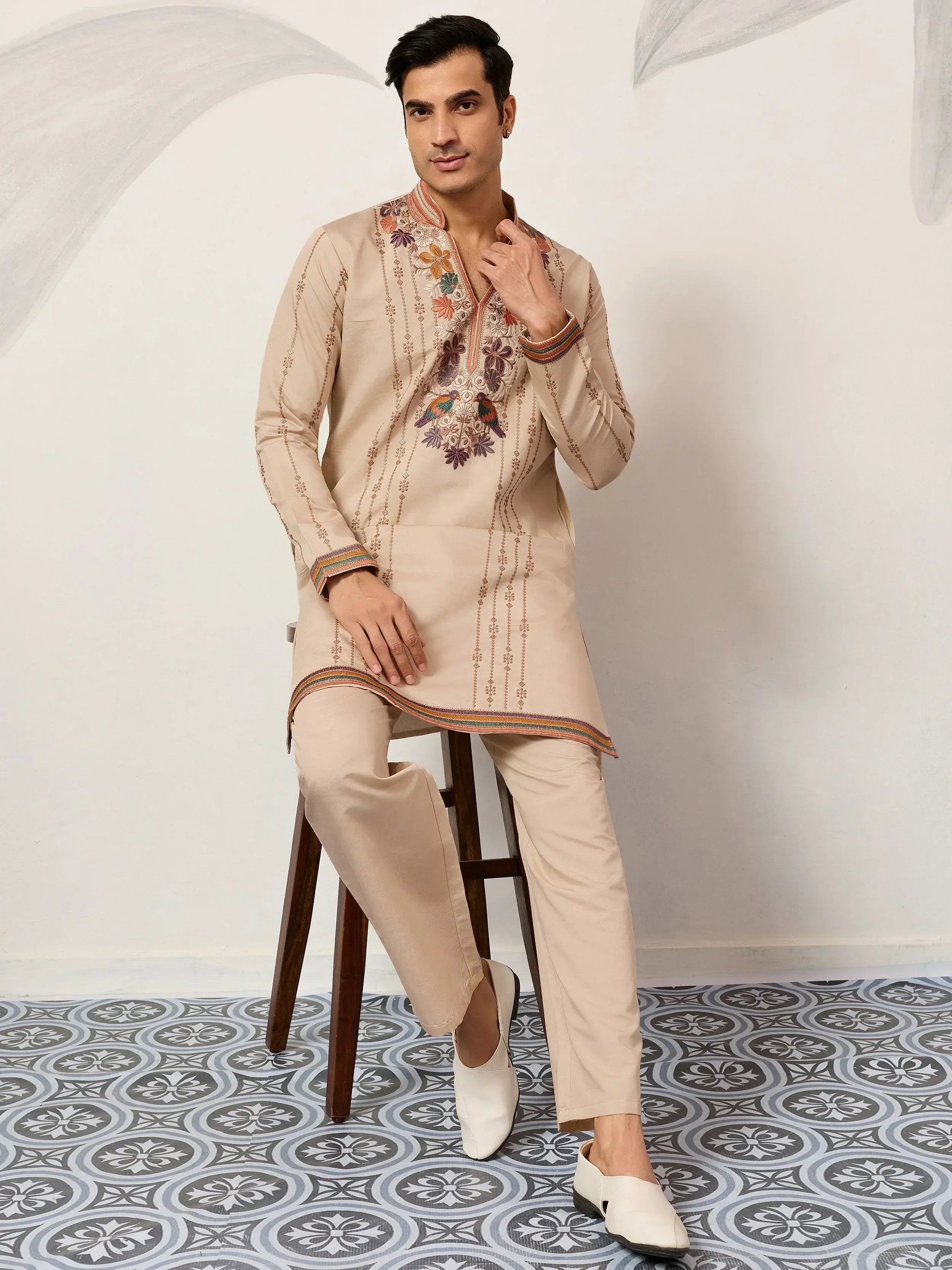 Stunning Beige Embroidered Silk Festival Wear Men’s Kurta