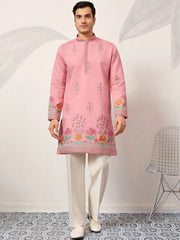 Glamorous Pink Thread Embroidered Silk Festival Wear Men’s Kurta