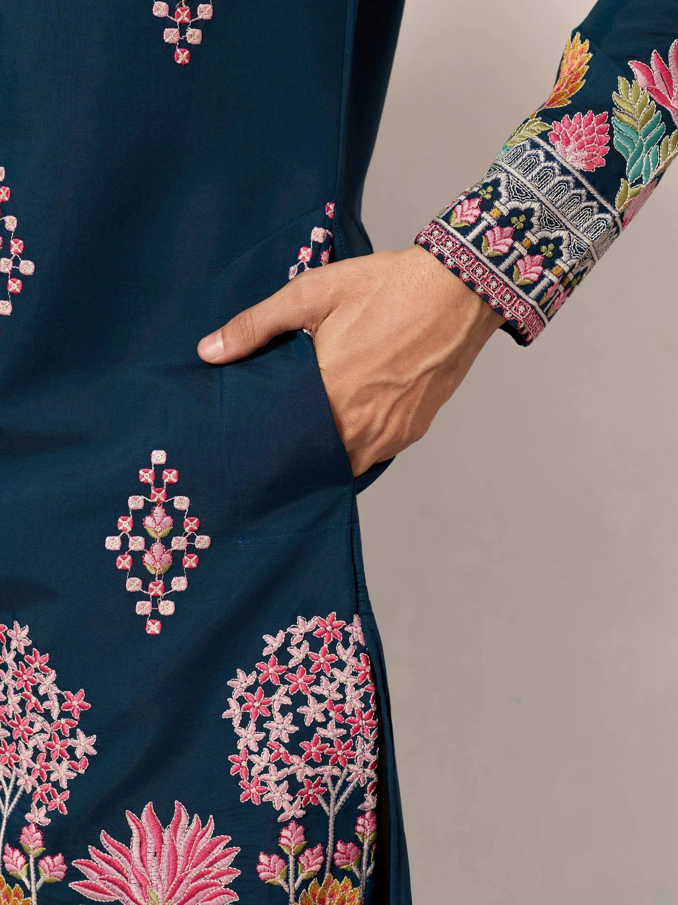 Gorgeous Teal Blue Thread Embroidered Silk Function Wear Men’s Kurta
