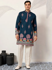 Gorgeous Teal Blue Thread Embroidered Silk Function Wear Men’s Kurta