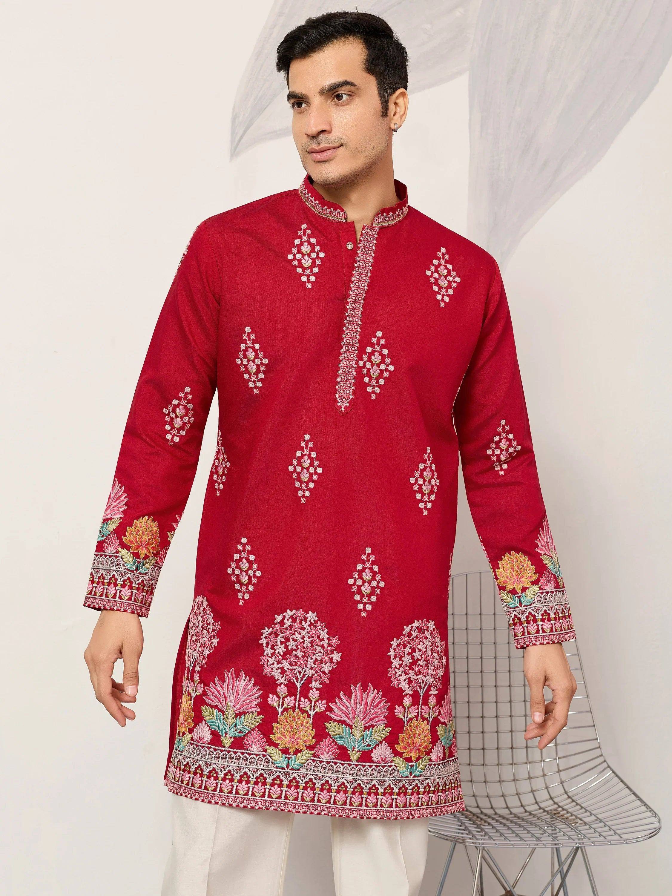 Elegant Red Thread Embroidered Silk Wedding Wear Men’s Kurta