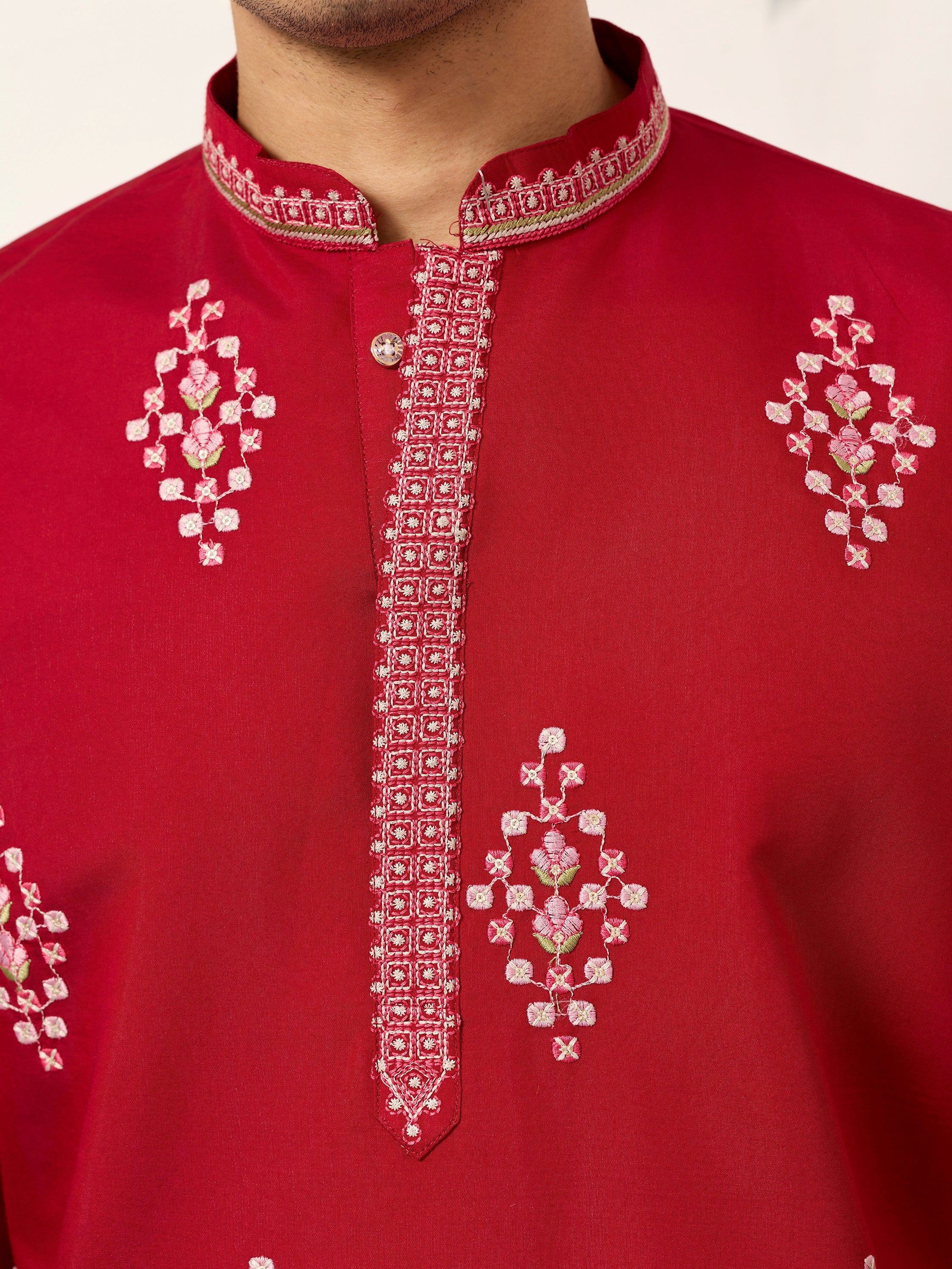 Elegant Red Thread Embroidered Silk Wedding Wear Men’s Kurta