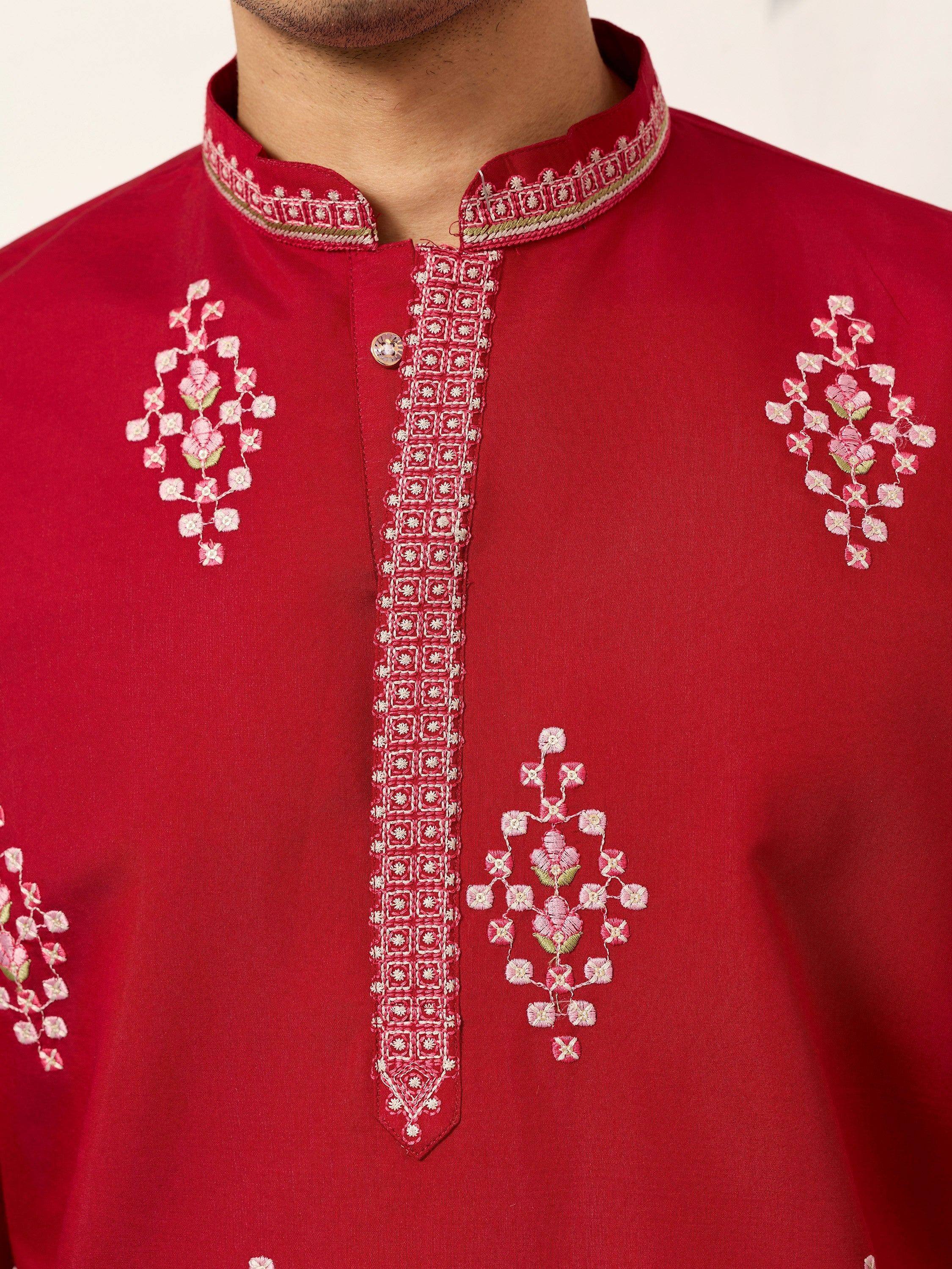 Elegant Red Thread Embroidered Silk Wedding Wear Men’s Kurta