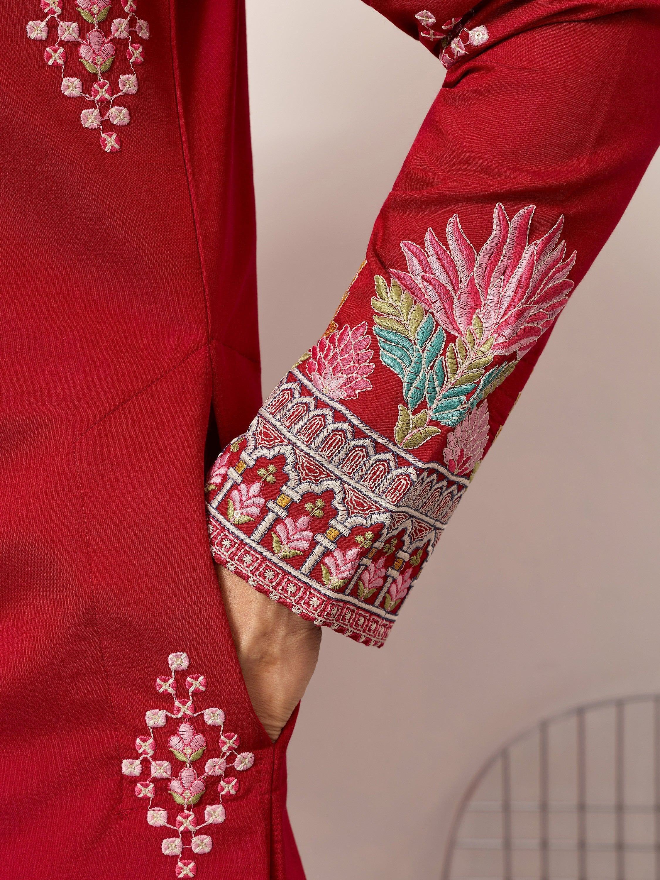 Elegant Red Thread Embroidered Silk Wedding Wear Men’s Kurta