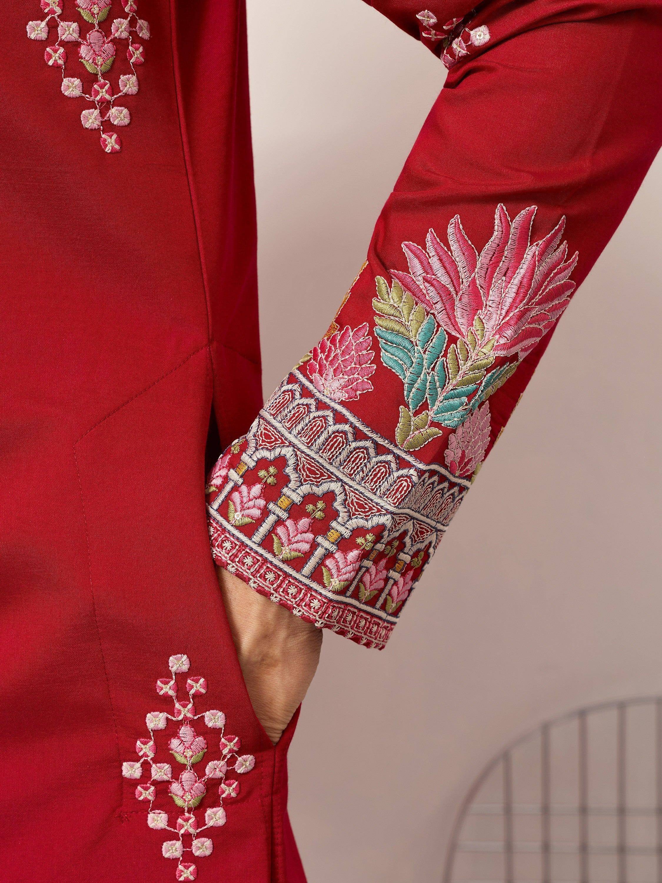 Elegant Red Thread Embroidered Silk Wedding Wear Men’s Kurta