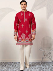 Elegant Red Thread Embroidered Silk Wedding Wear Men’s Kurta