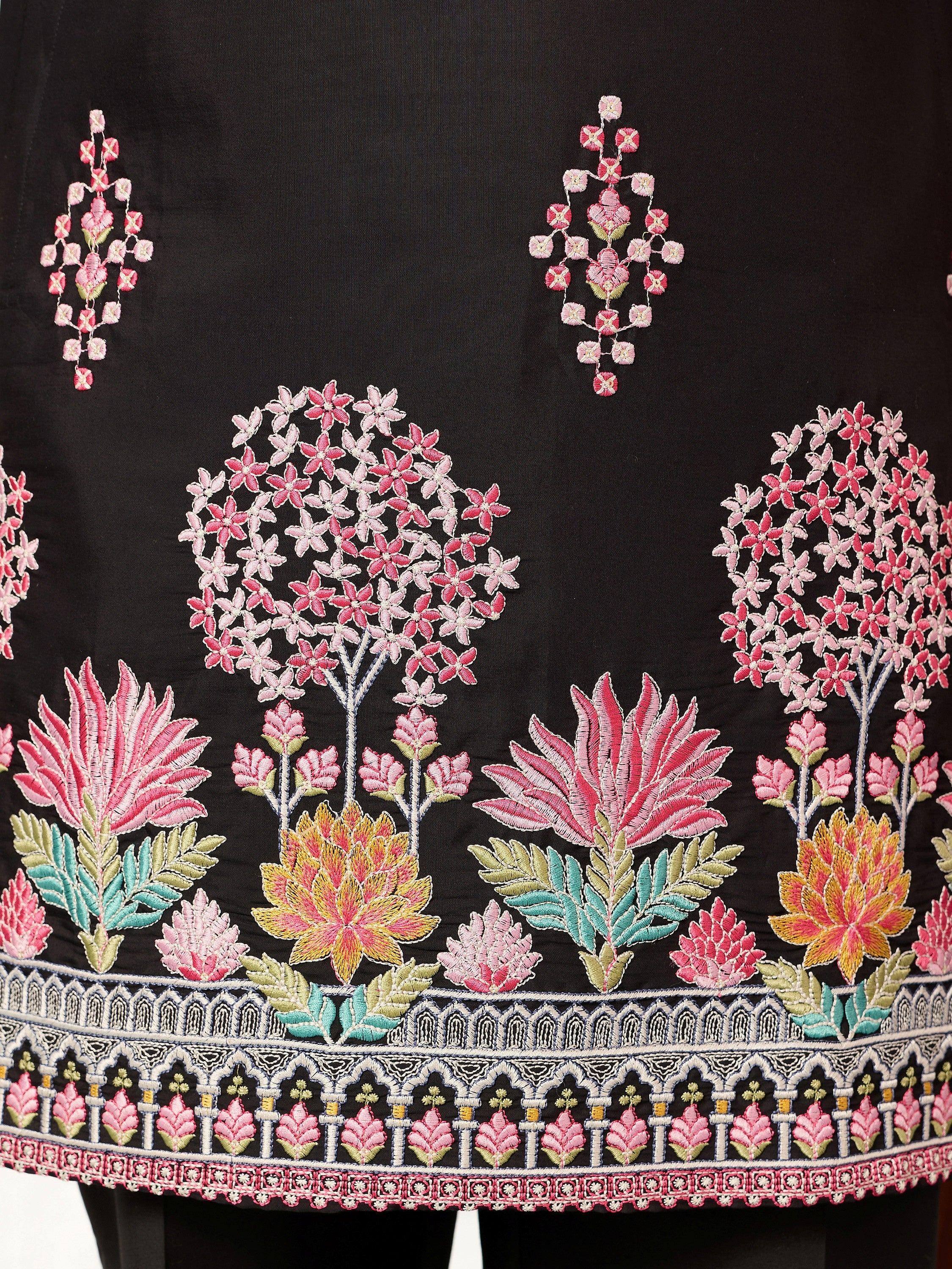 Graceful Black Thread Embroidered Silk Function Wear Men’s Kurta
