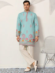 Sparkling Blue Thread Embroidered Silk Festival Wear Men’s Kurta