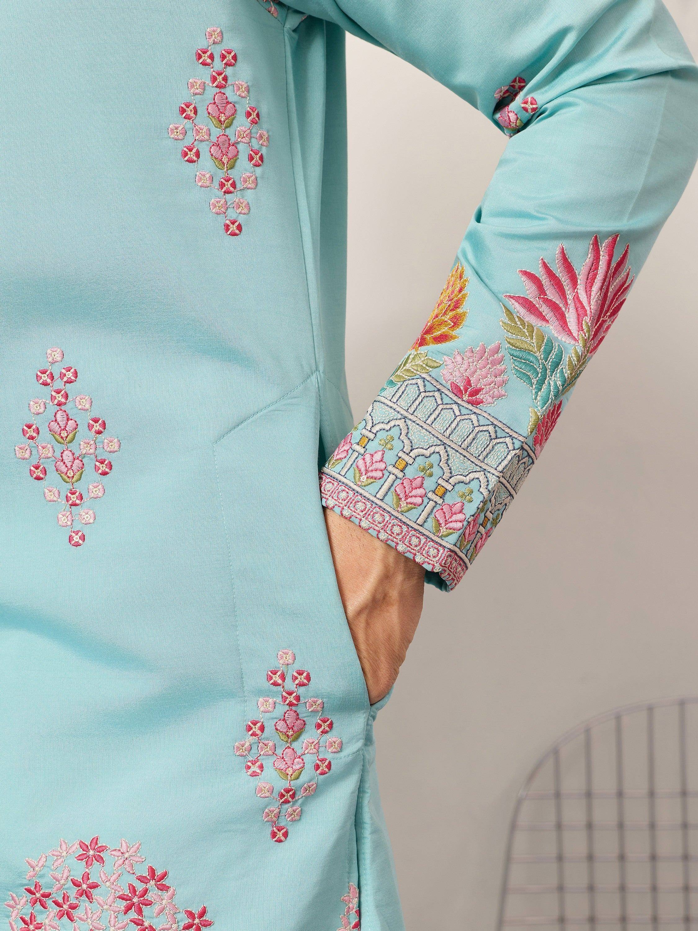Sparkling Blue Thread Embroidered Silk Festival Wear Men’s Kurta