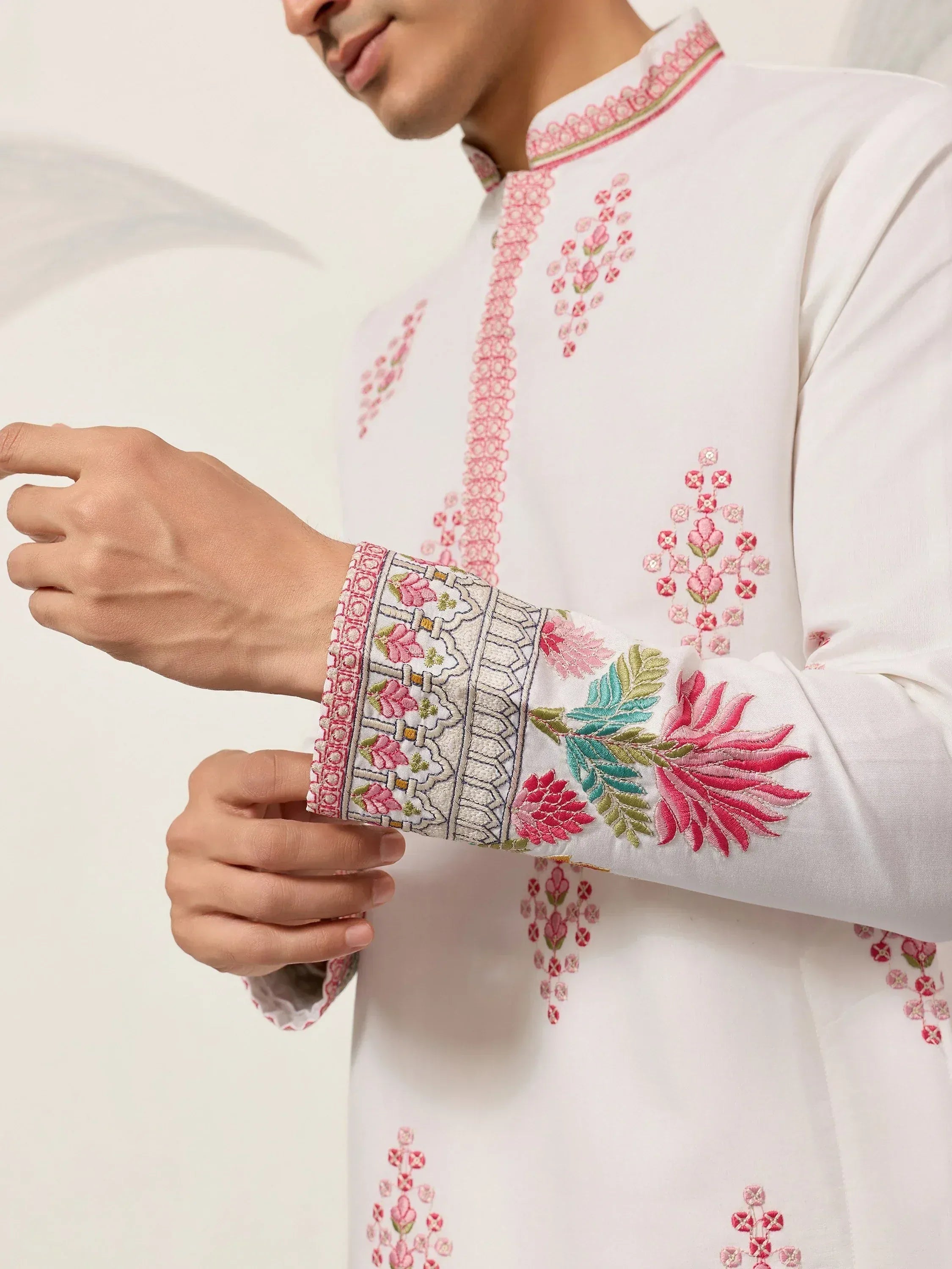 Fantastic Off-White Thread Embroidered Silk Function Wear Men’s Kurta