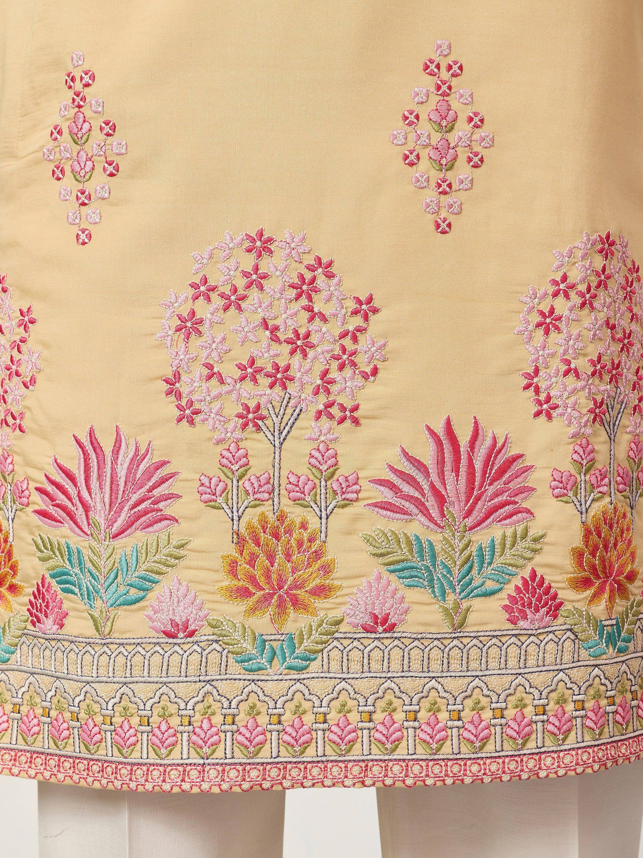 Fabulous Beige Thread Embroidered Silk Festival Wear Men’s Kurta