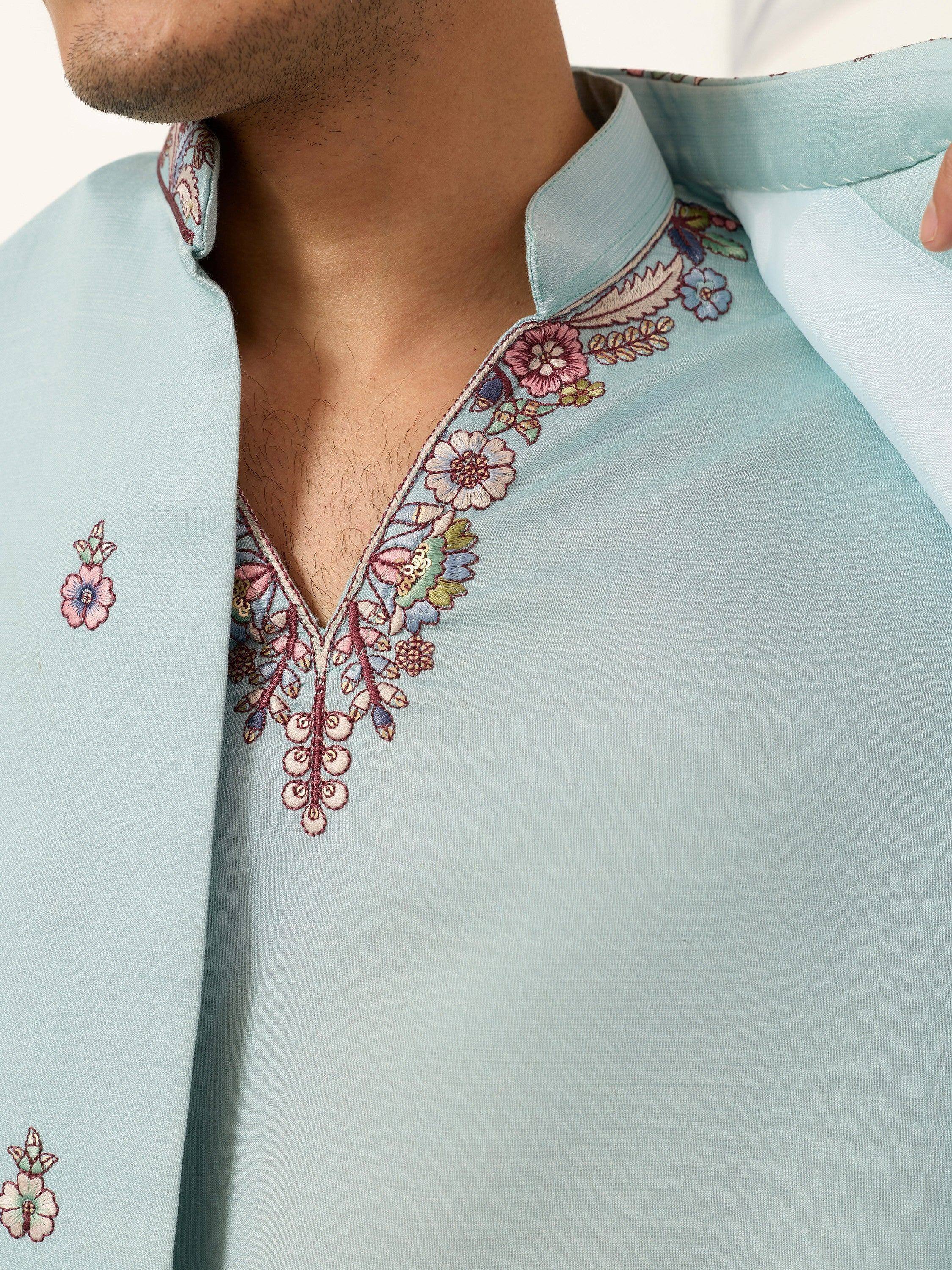 Attractive Green Embroidered Silk Wedding Wear Men’s Kurta With Koti