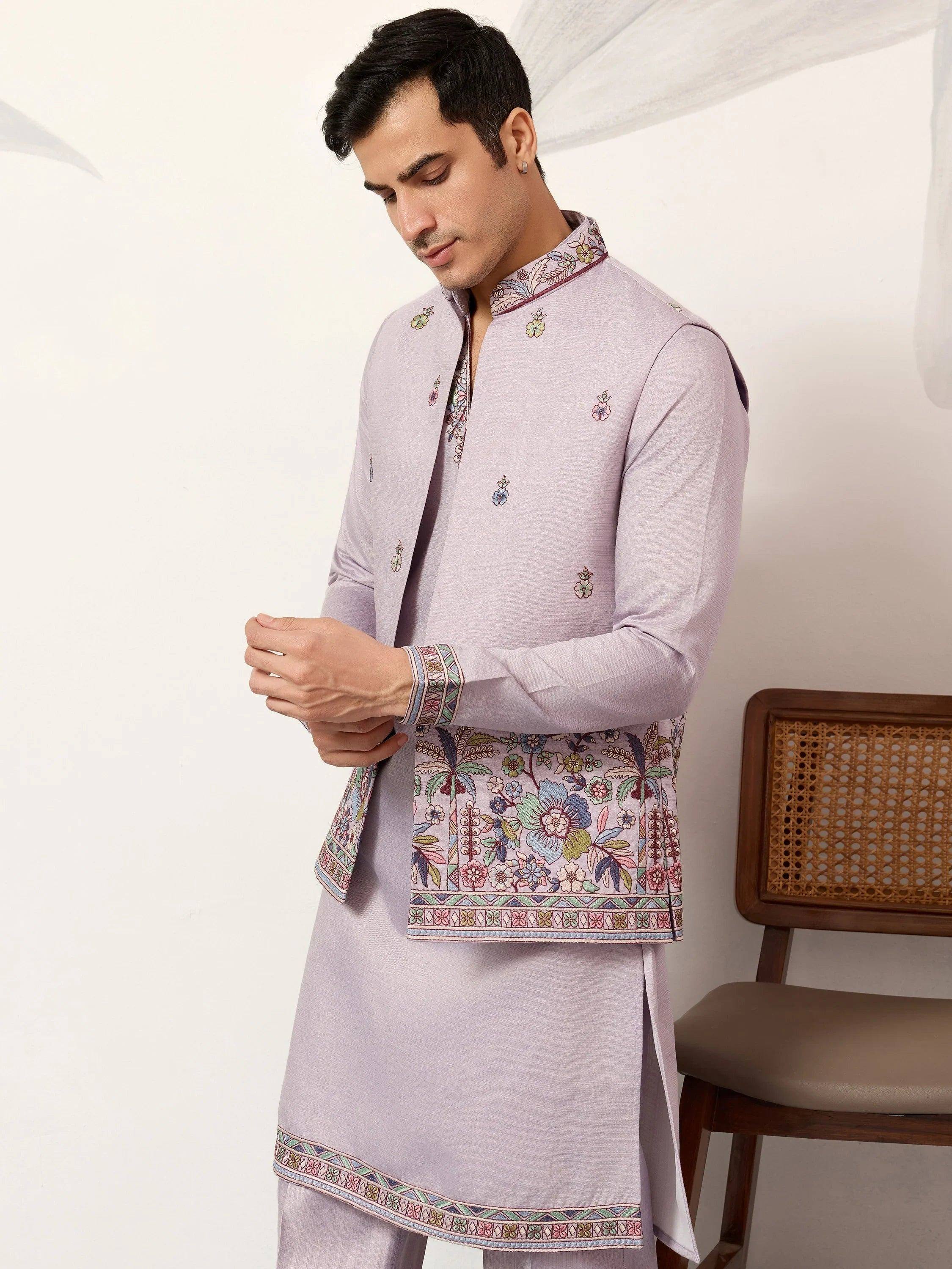 Dazzling Lavender Embroidered Silk Wedding Wear Men’s Kurta With Koti