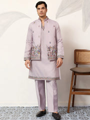 Dazzling Lavender Embroidered Silk Wedding Wear Men’s Kurta With Koti