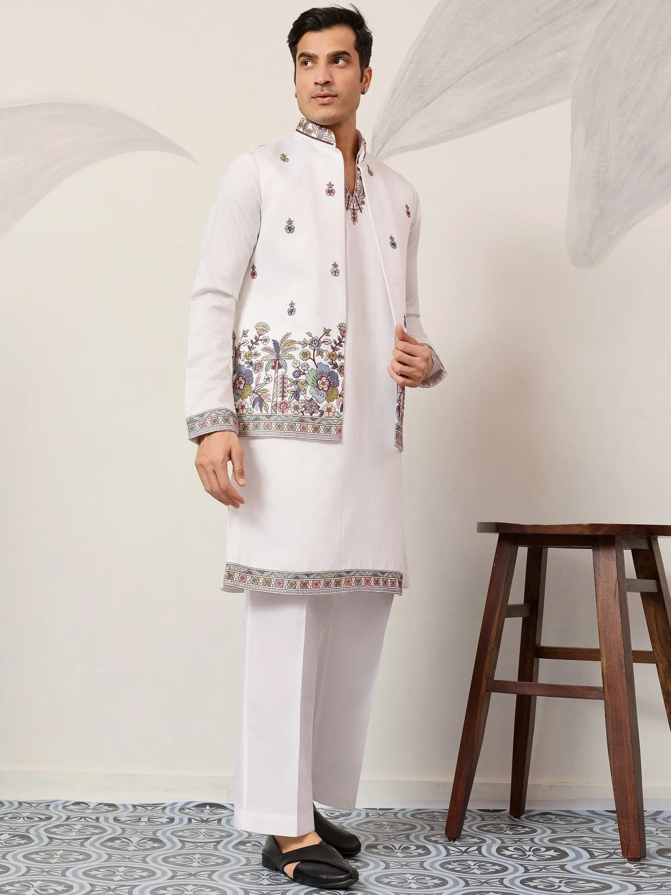 Captivating White Embroidered Silk Function Wear Men’s Kurta With Koti