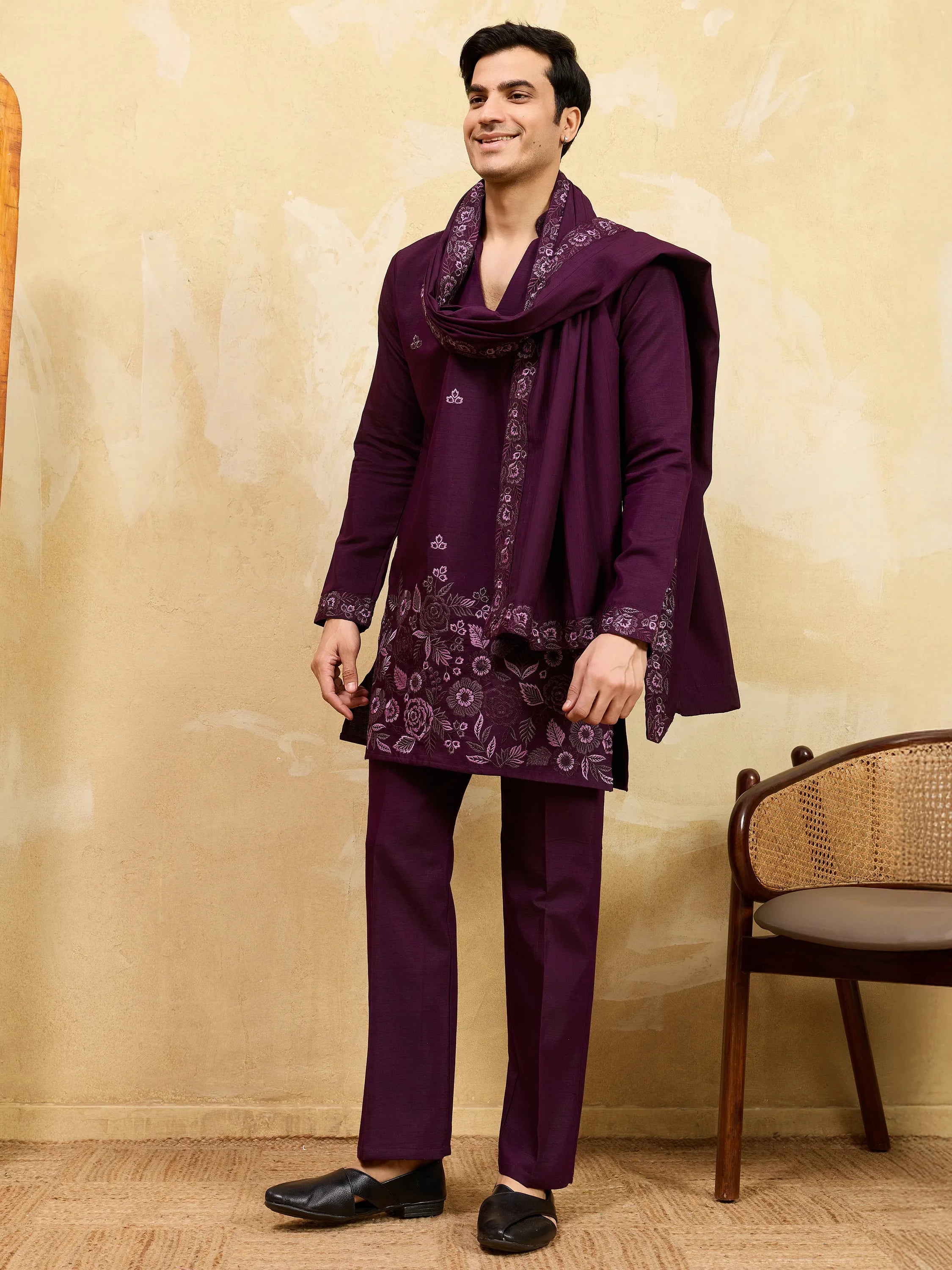 Dazzling Maroon Thread Work Viscose Eid Special Men's Kurta With Dupatta