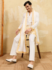 Superb White Thread Work Viscose Silk Traditional Men's Kurta With Dupatta