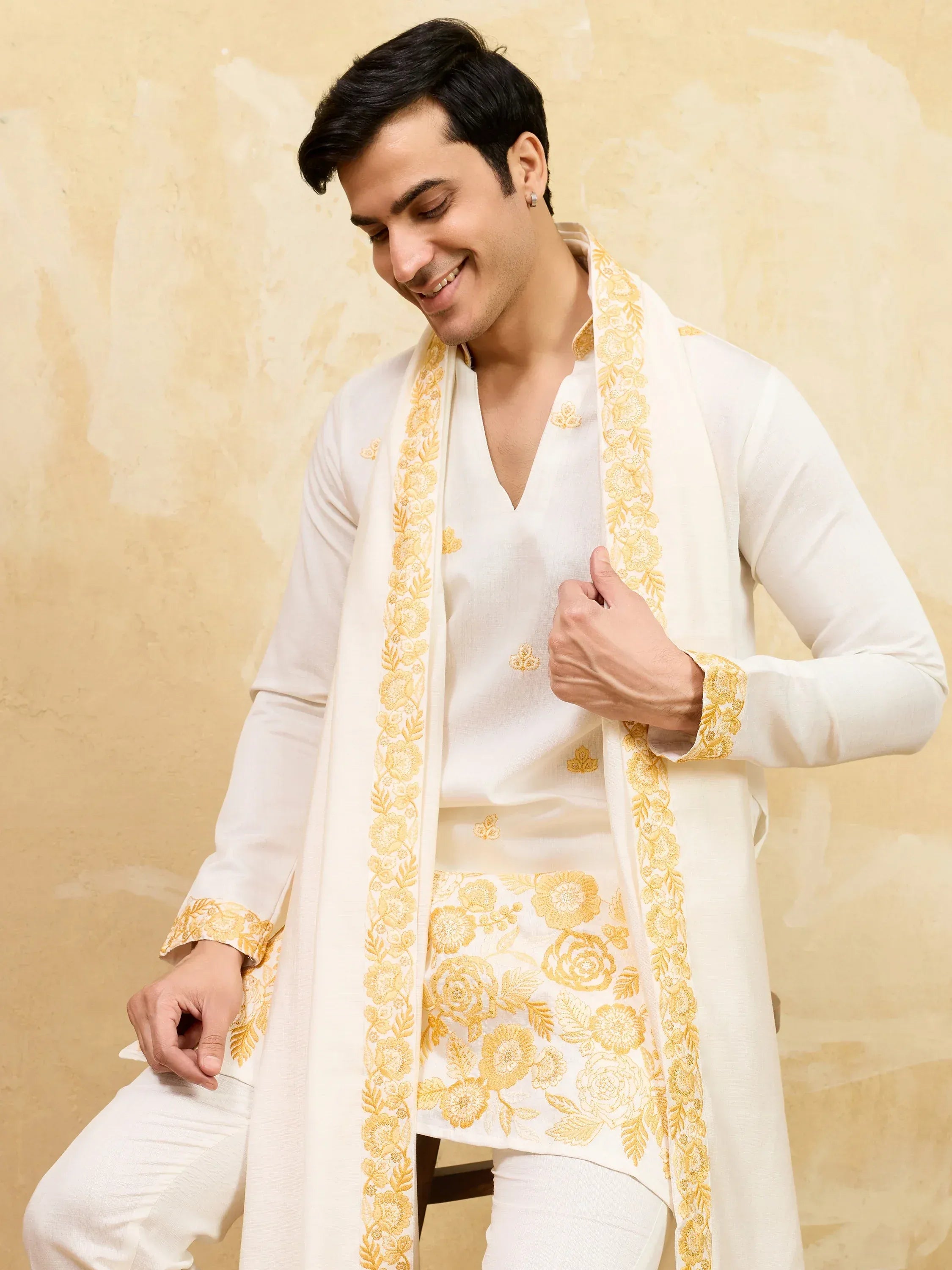 Superb White Thread Work Viscose Silk Traditional Men's Kurta With Dupatta