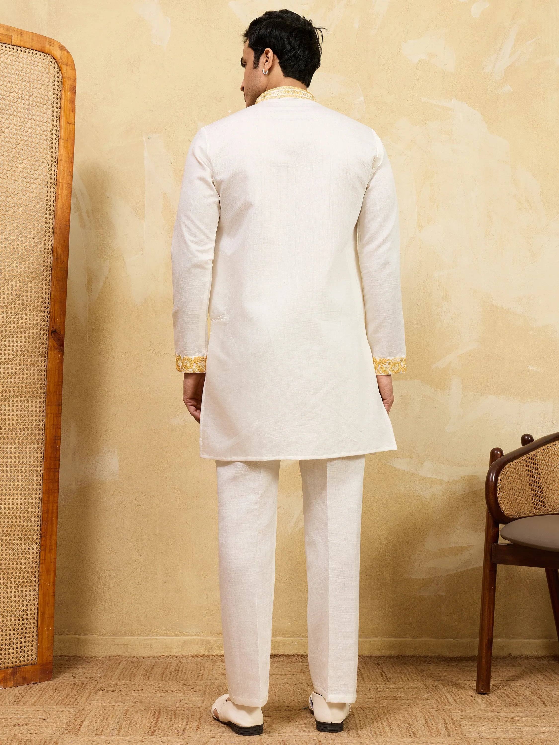 Superb White Thread Work Viscose Silk Traditional Men's Kurta With Dupatta