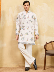 Bewitching White Thread Work Viscose Silk Festival Wear Men's Kurta