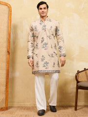 Elegant Beige Thread Embroidered Viscose Silk Eid Special Men's Kurta