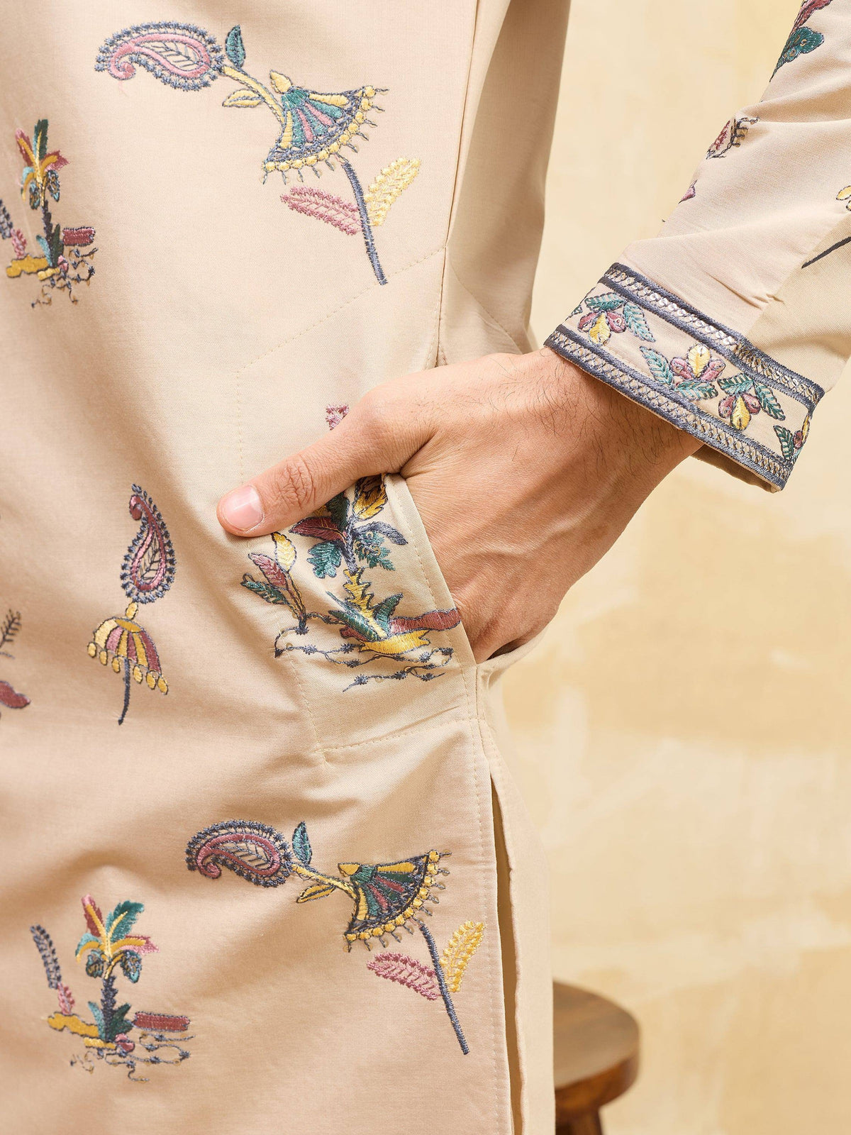 Elegant Beige Thread Embroidered Viscose Silk Eid Special Men's Kurta