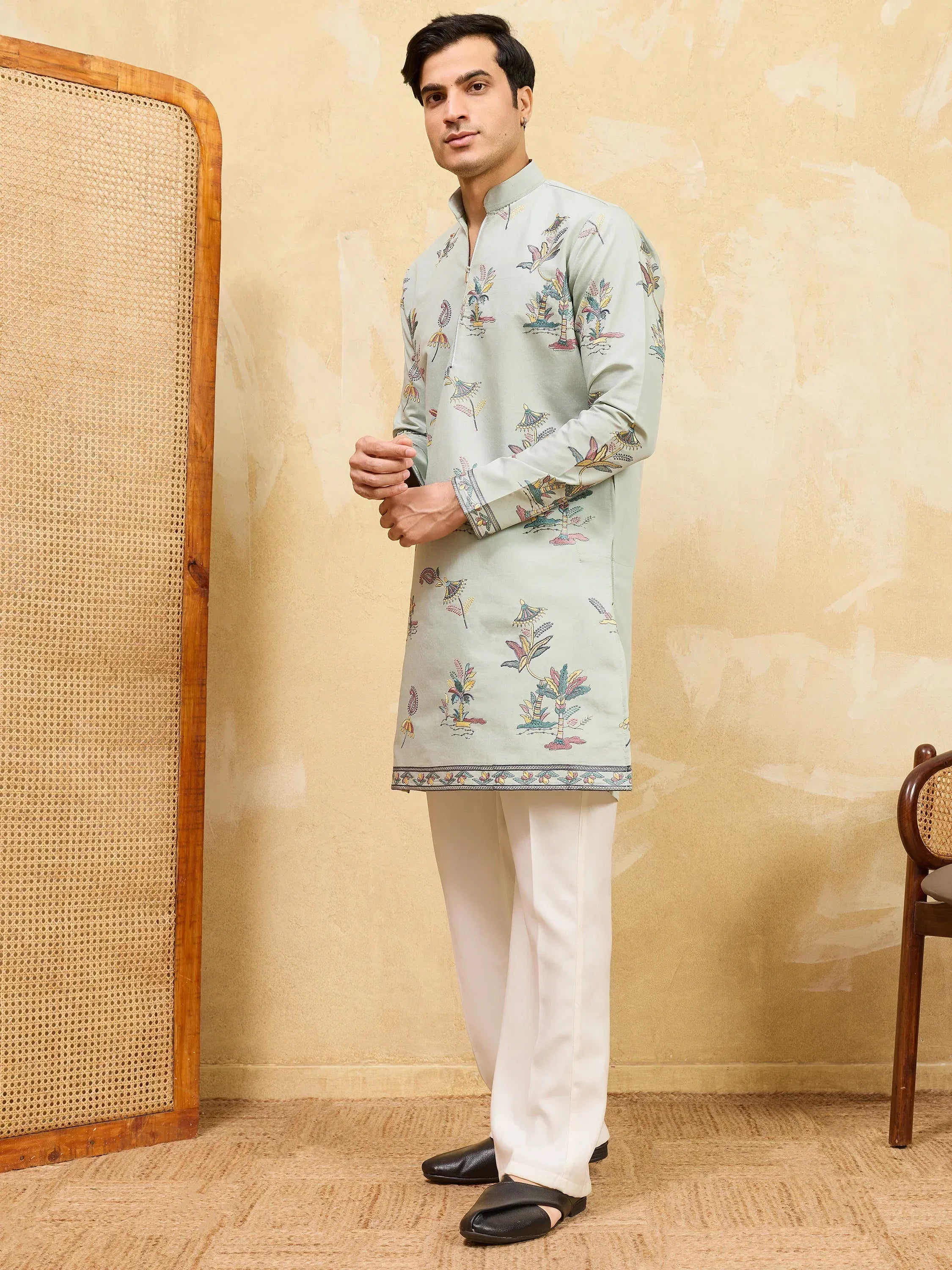Astonishing Pista Green Thread Work Silk Engagement Wear Men's Kurta