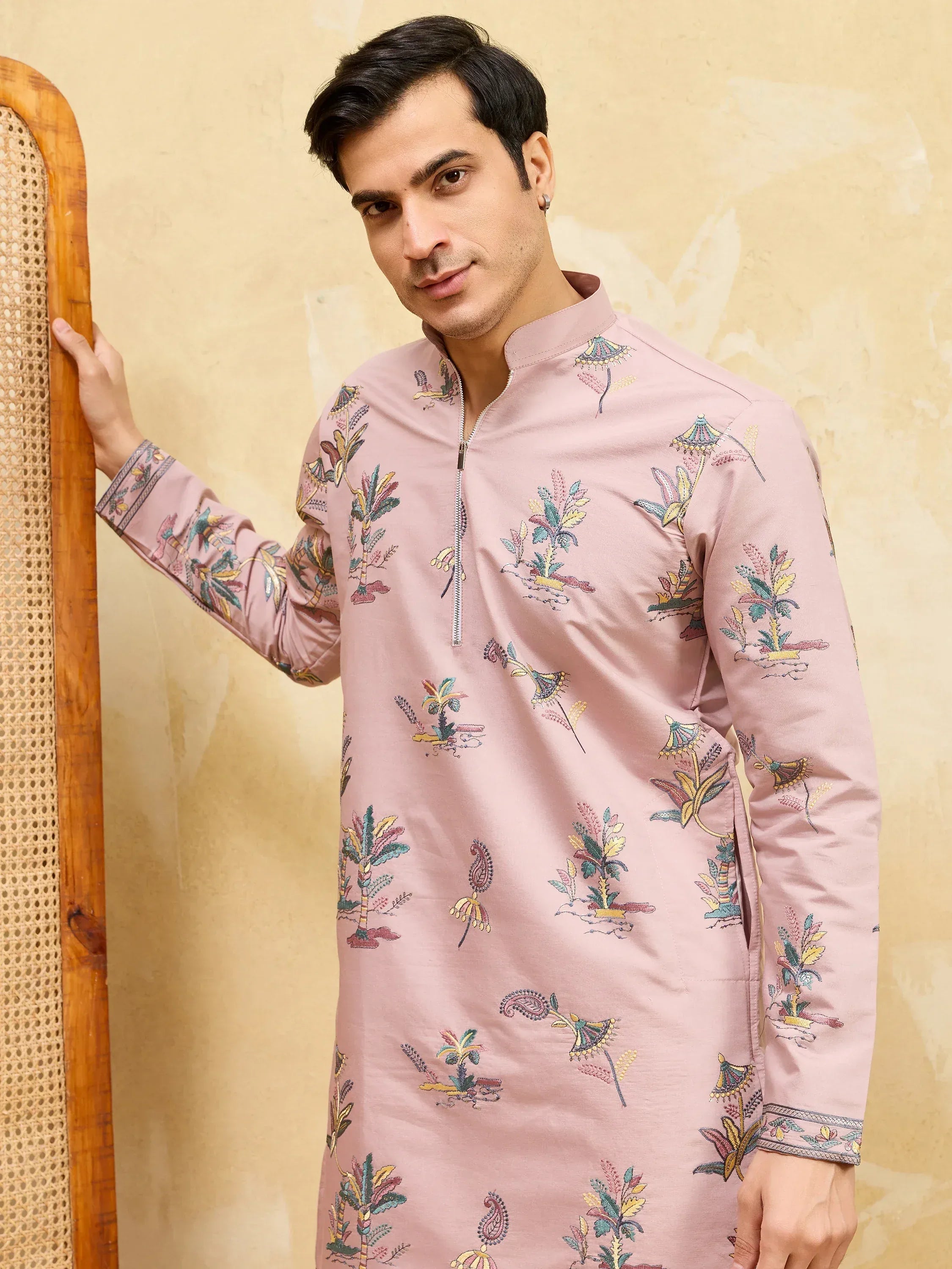 Superb Pink Thread Work Viscose Silk Eid Special Men's Kurta