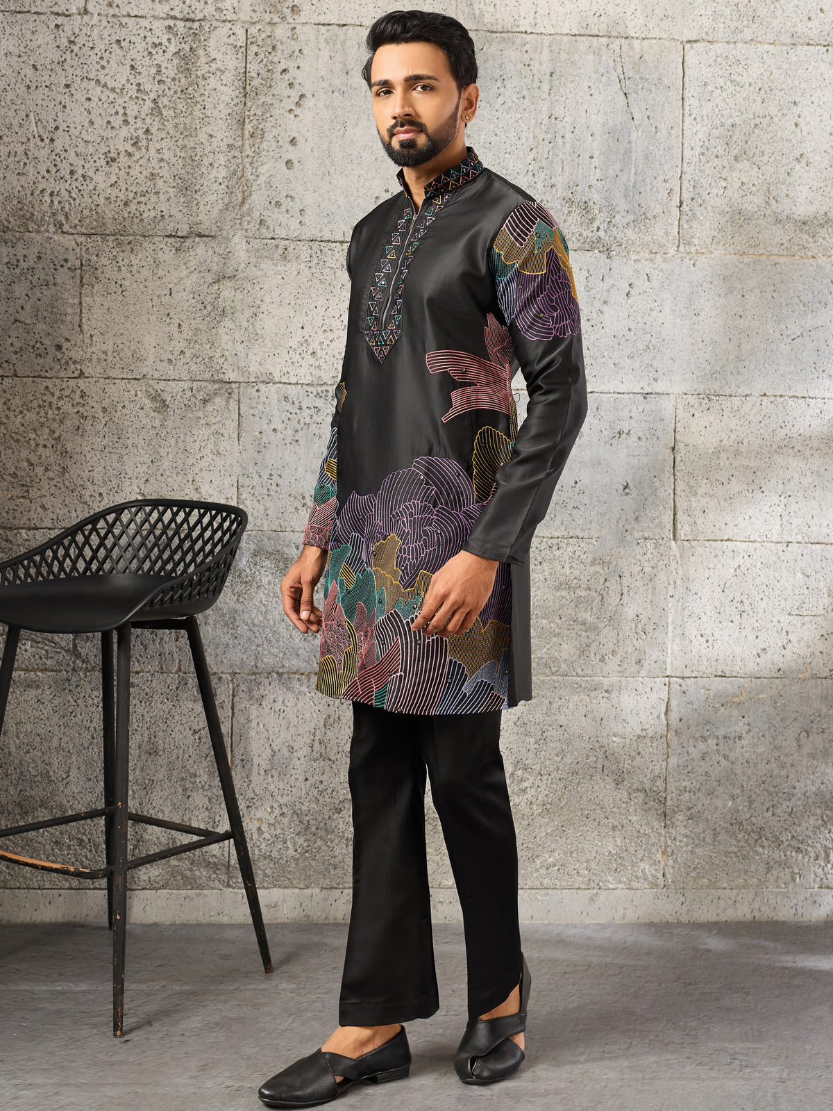 Unique Black Sequins Viscose Evening Wear Men's Kurta With Bottom
