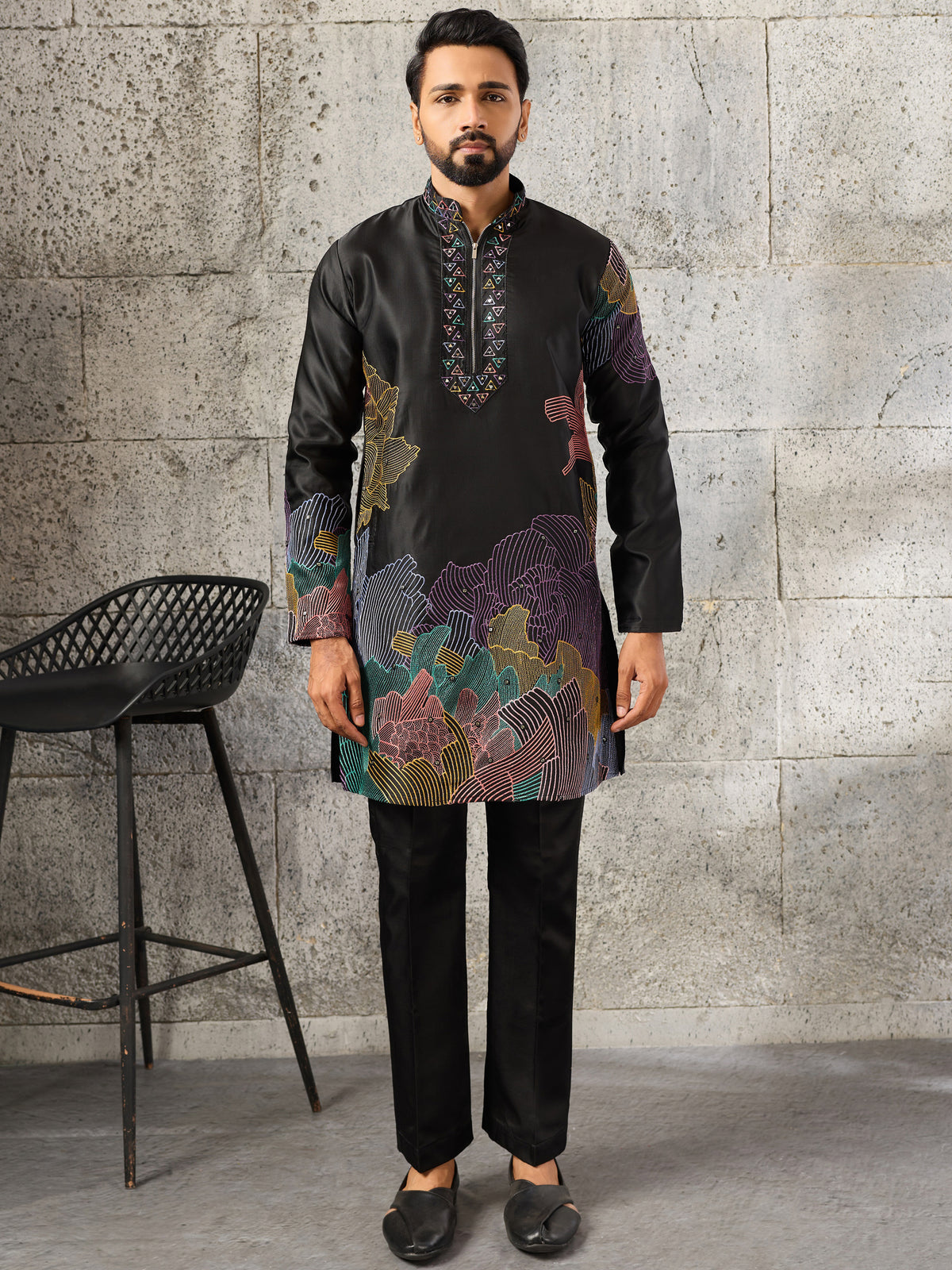 Unique Black Sequins Viscose Evening Wear Men's Kurta With Bottom