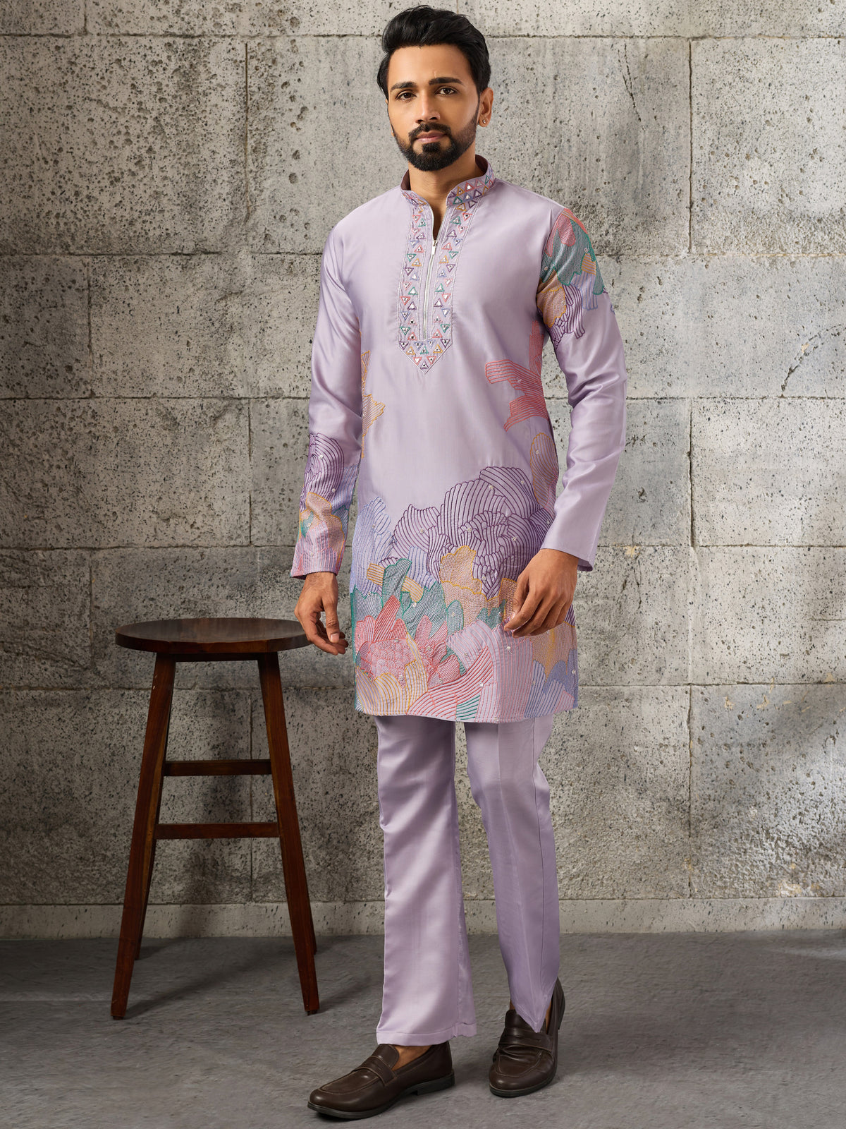 Amazing Lavender Thread Work Viscose Festive Wear Men's Kurta With Bottom