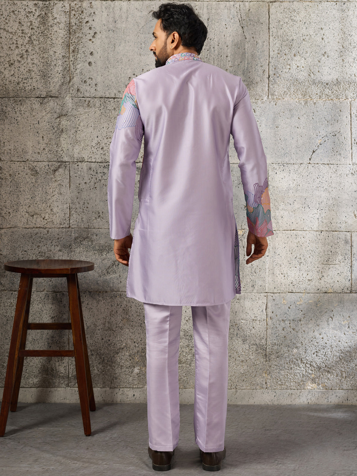 Amazing Lavender Thread Work Viscose Festive Wear Men's Kurta With Bottom