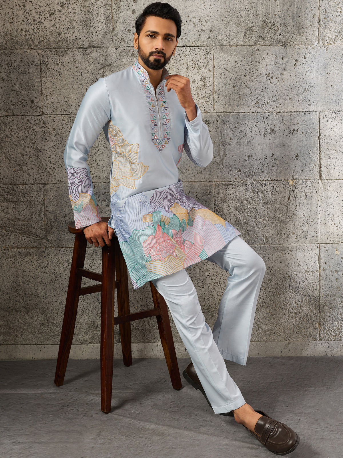 Glorious Sky Blue Sequins Viscose Traditional Men's Kurta With Bottom