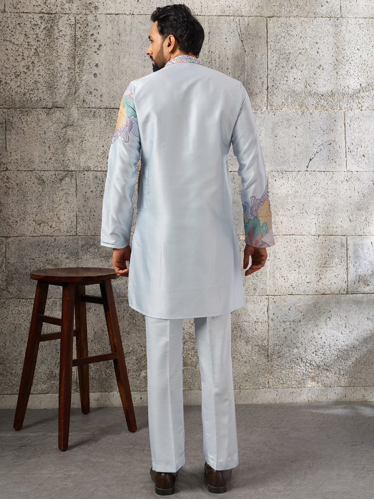 Glorious Sky Blue Sequins Viscose Traditional Men's Kurta With Bottom