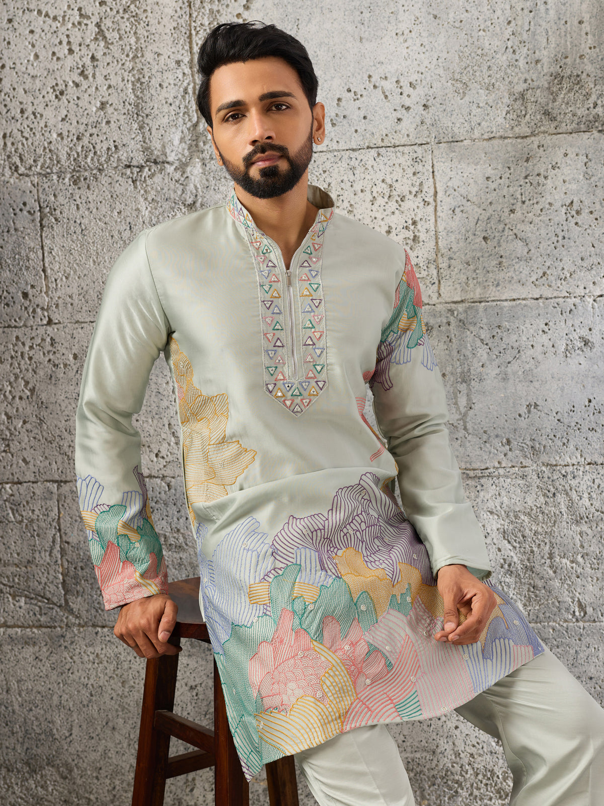 Stunning Pista Green Thread Work Mehendi Wear Men's Kurta With Bottom