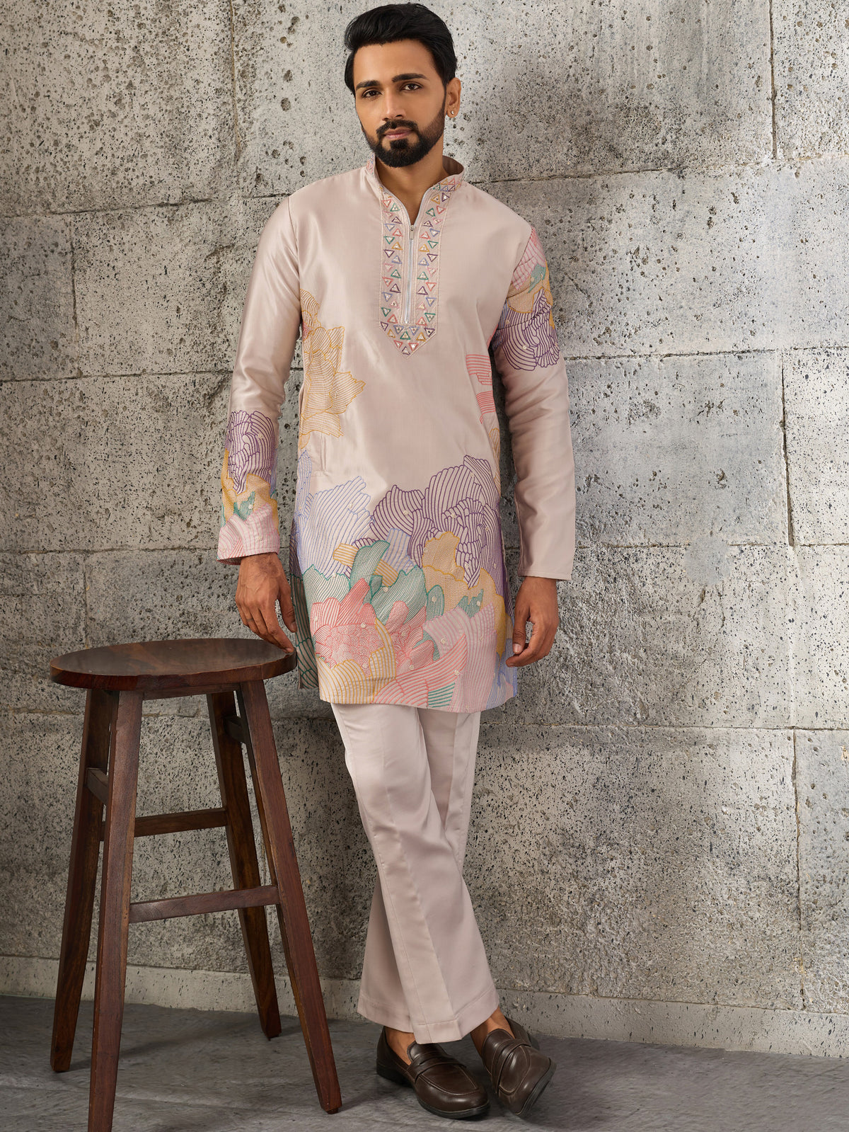 Wonderful Peach Embroidered Viscose Event Wear Men's Kurta With Bottom