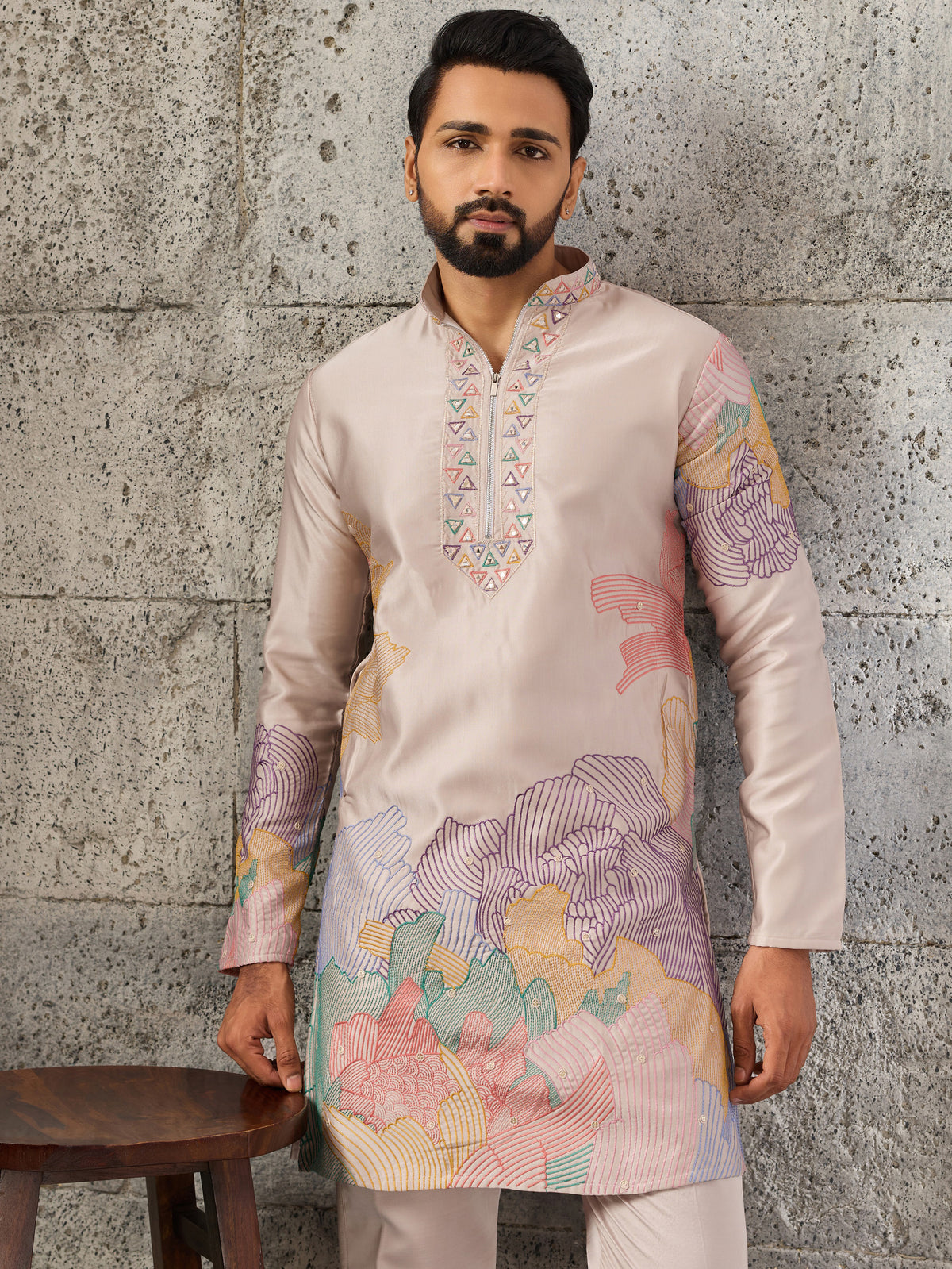 Wonderful Peach Embroidered Viscose Event Wear Men's Kurta With Bottom