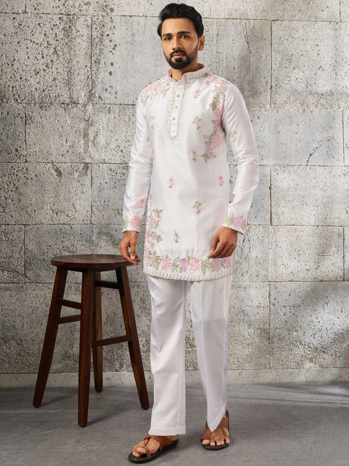 Stunning White Floral Embroidered Viscose Men's Kurta With Bottom