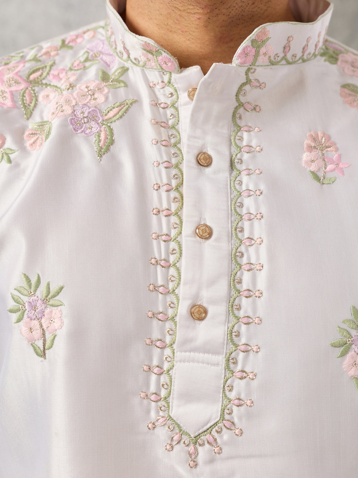 Stunning White Floral Embroidered Viscose Men's Kurta With Bottom