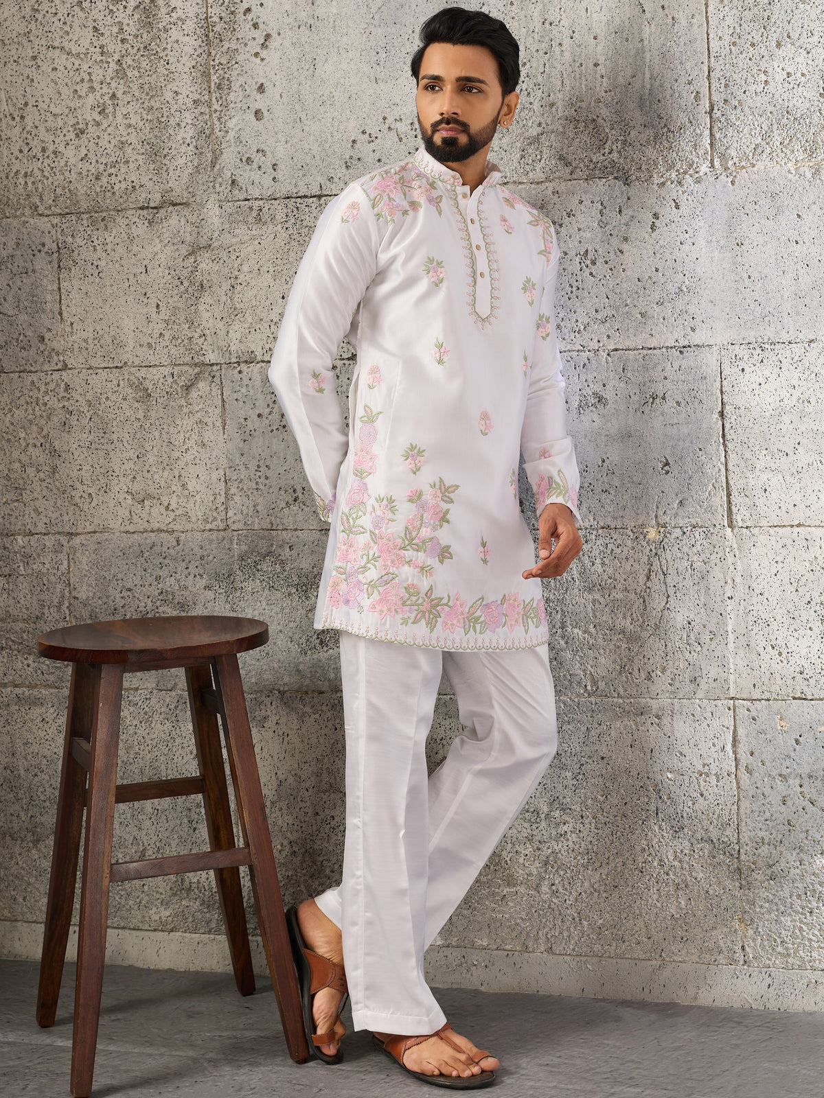 Stunning White Floral Embroidered Viscose Men's Kurta With Bottom