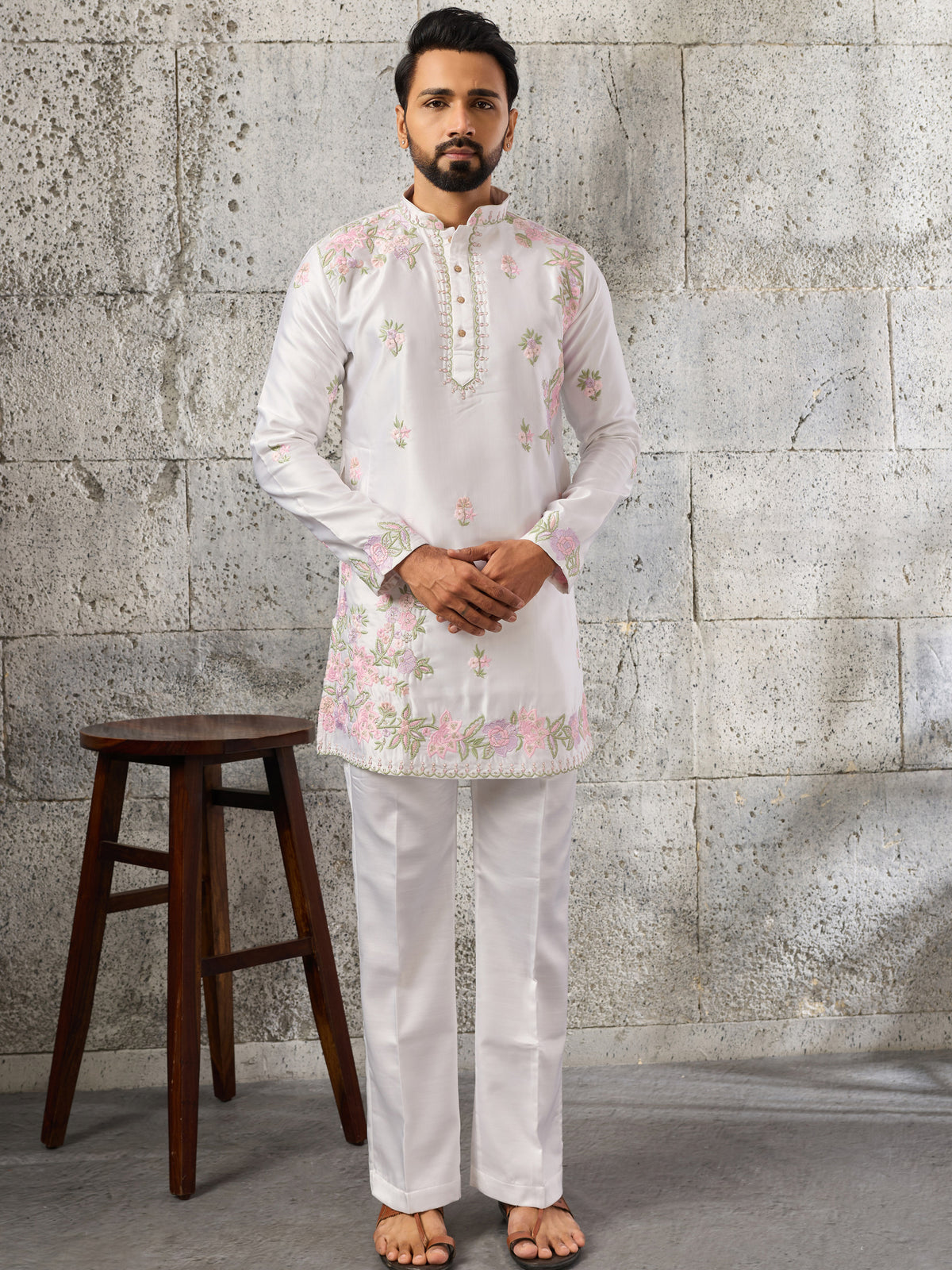 Stunning White Floral Embroidered Viscose Men's Kurta With Bottom