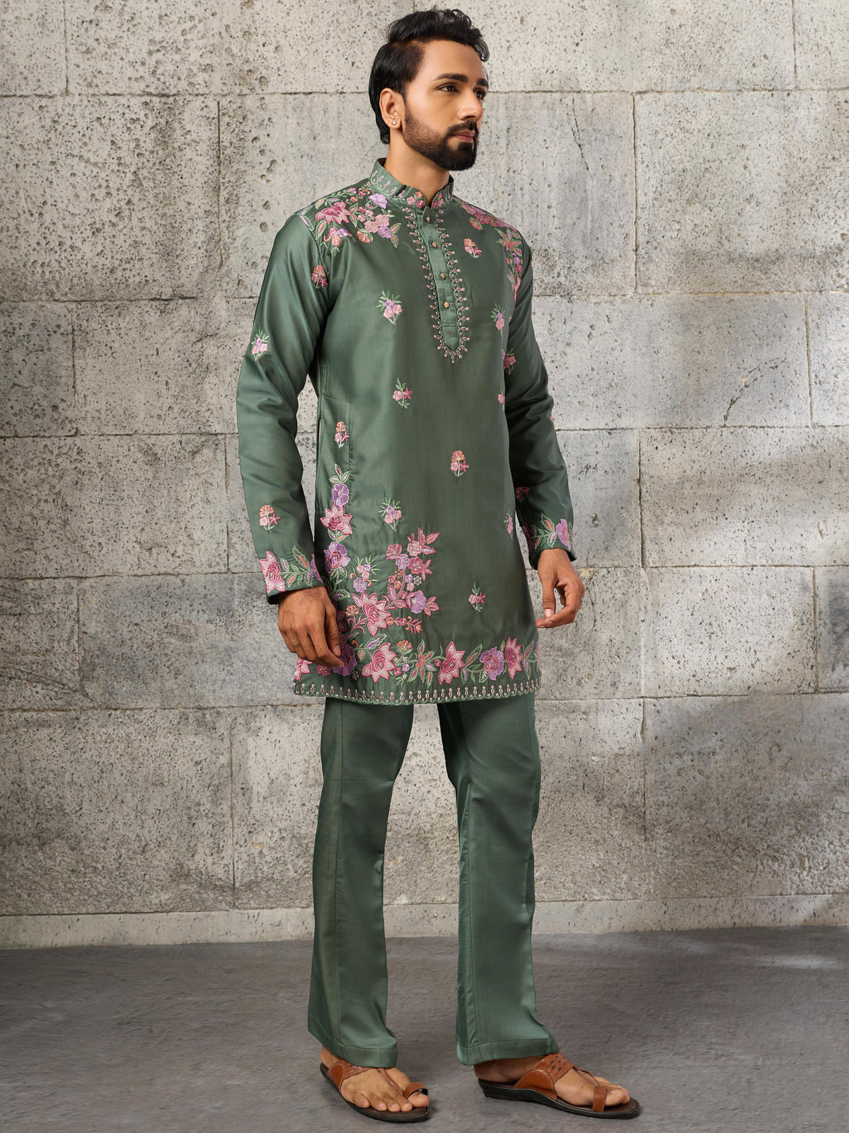 Alluring Olive Green Embroidered Viscose Mehendi Wear Men's Kurta Set
